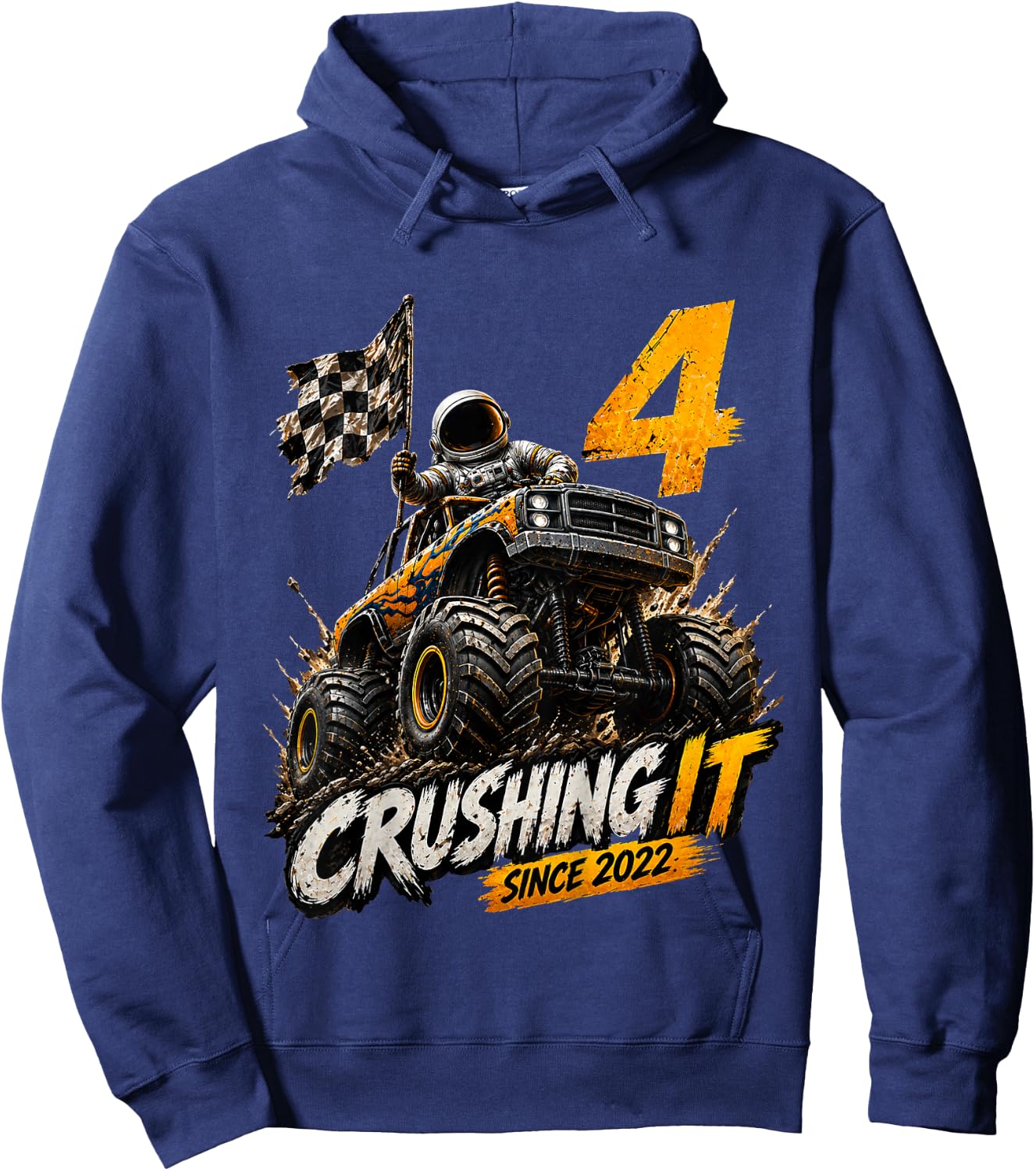 Kids 4th Birthday Monster Truck Astronaut 4 Year Old Boys Kids Hoodie - Hoodie | Navy