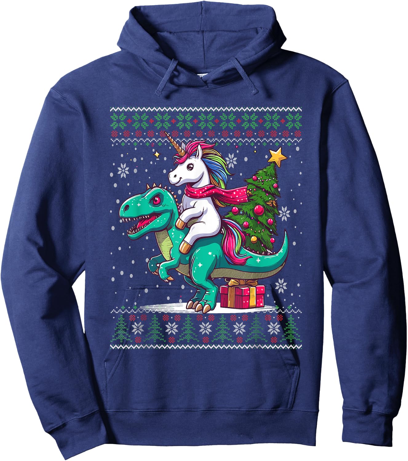 Christmas Unicorn Riding a Dinosaur Ugly Christmas Sweater Hoodie - Hoodie | Navy