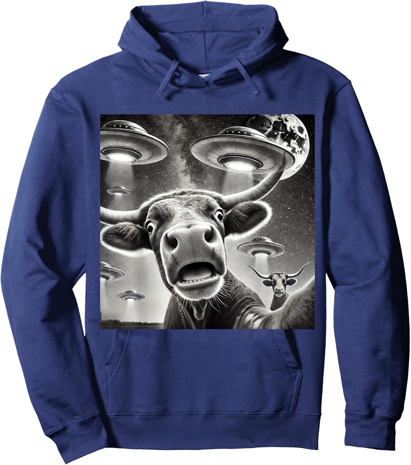Texas Funny Cow Alien Weird Texas Cow selfie with UFOs Hoodie - Hoodie | Navy