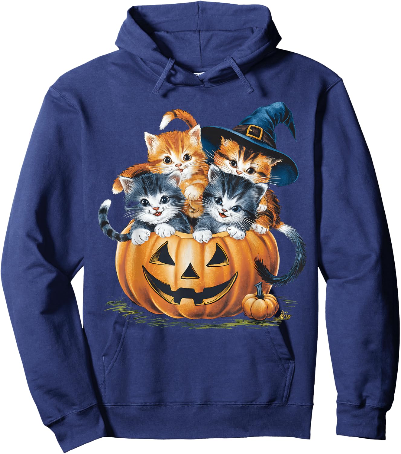 Vintage 90s Cat Pumpkin Halloween Retro Floral Spooky Season Hoodie - Hoodie | Navy