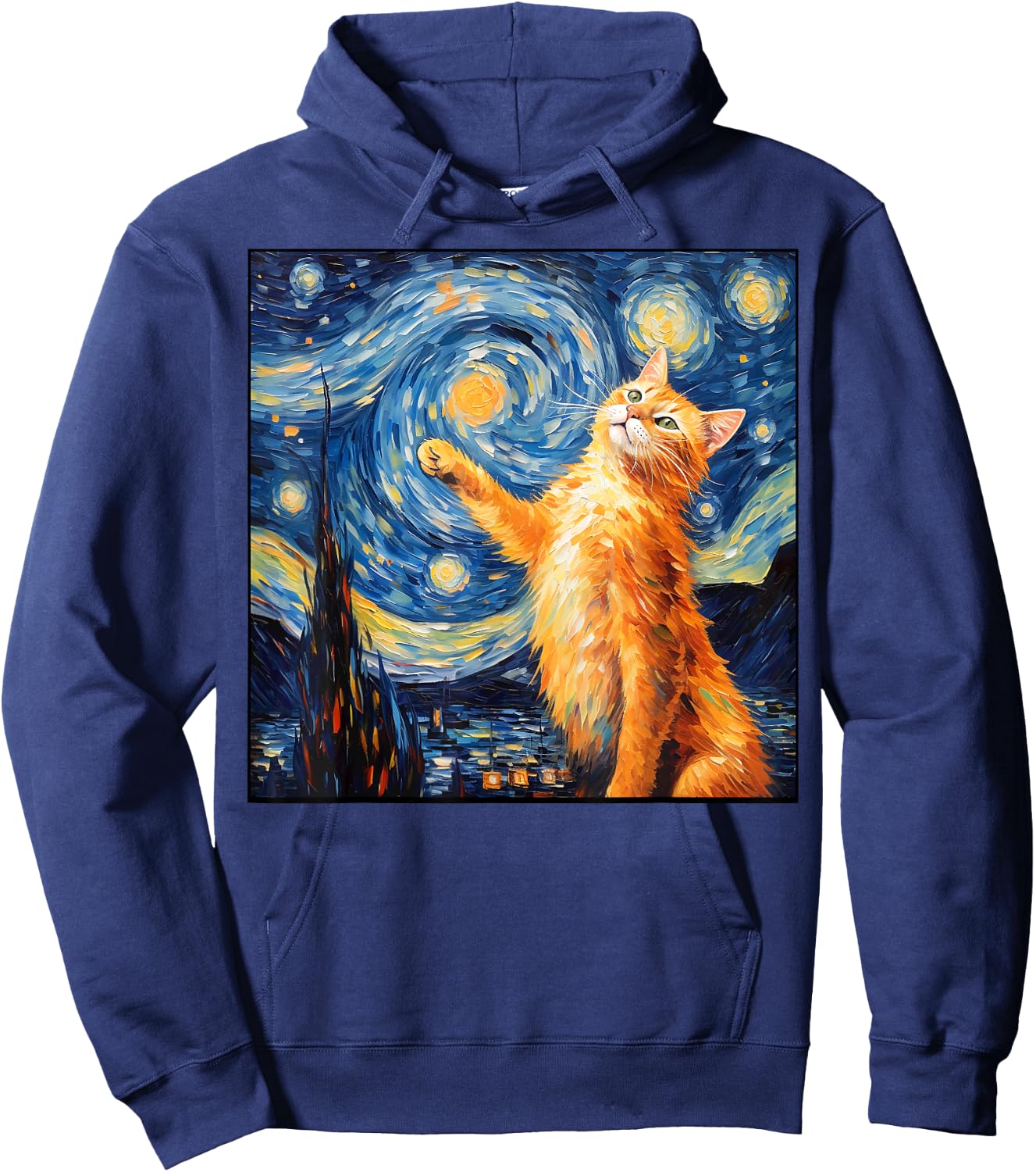Art Van Gogh Starry Night Cat Painting Cats Lover Mom Dad Hoodie - Hoodie | Navy