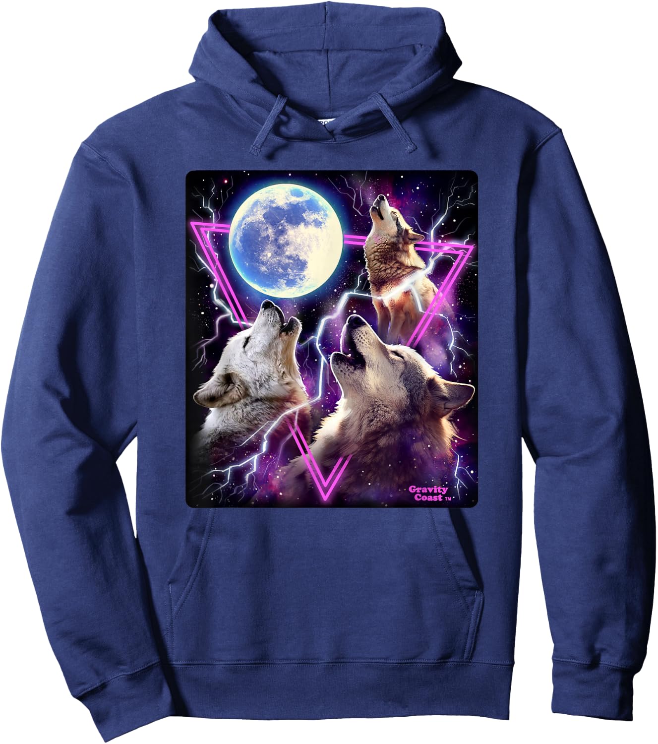 Epic Three Wolves Howling at The Moon 80's Poster Style Wolf Hoodie - Hoodie | Navy