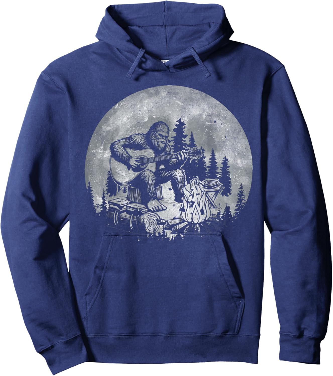 Rock Music Bigfoot Camping Full Moon Bigfoot Playing Guitar Hoodie - Hoodie | Navy