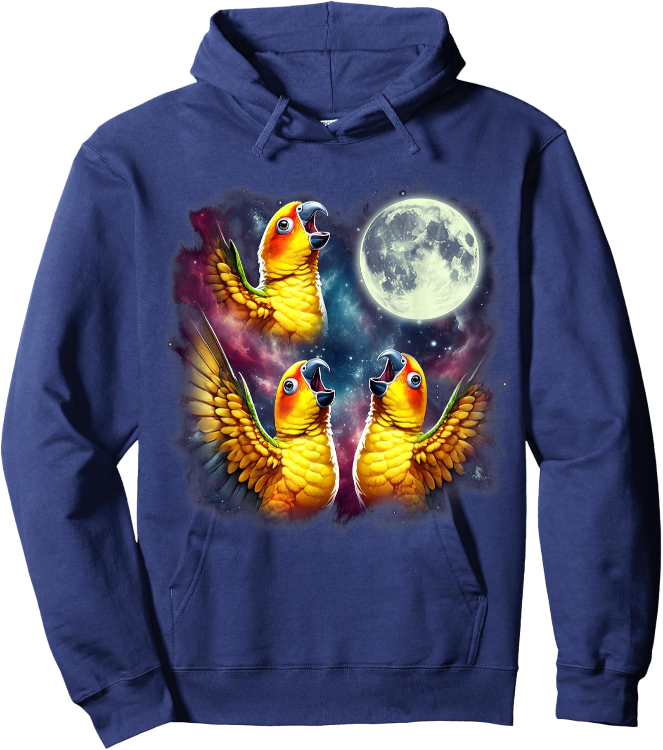 Three Sun Conures Howling at Moon Funny Meme Parrot Lover Hoodie - Hoodie | Navy