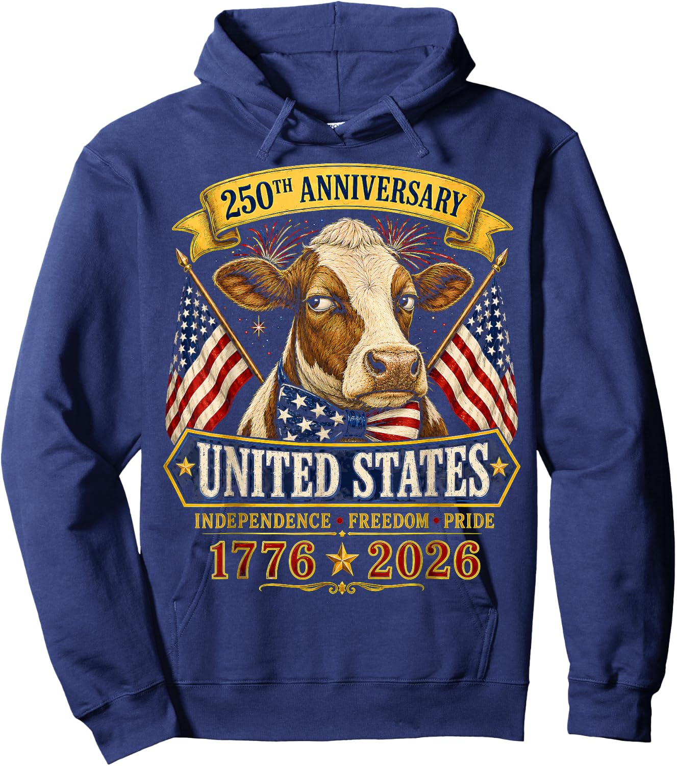 250 Years America Cow Patriotic USA 4th of July Hoodie - Hoodie | Navy
