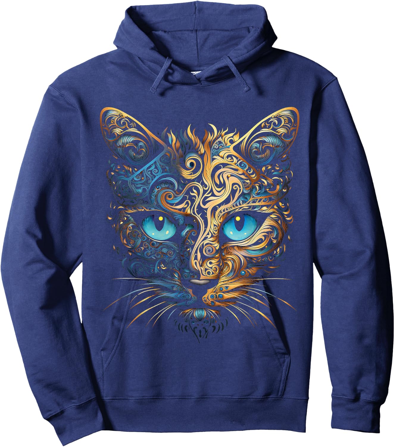 Cat Fantasy Blue Eyes Mandala Animal Art Cat , black Hoodie - Hoodie | Navy