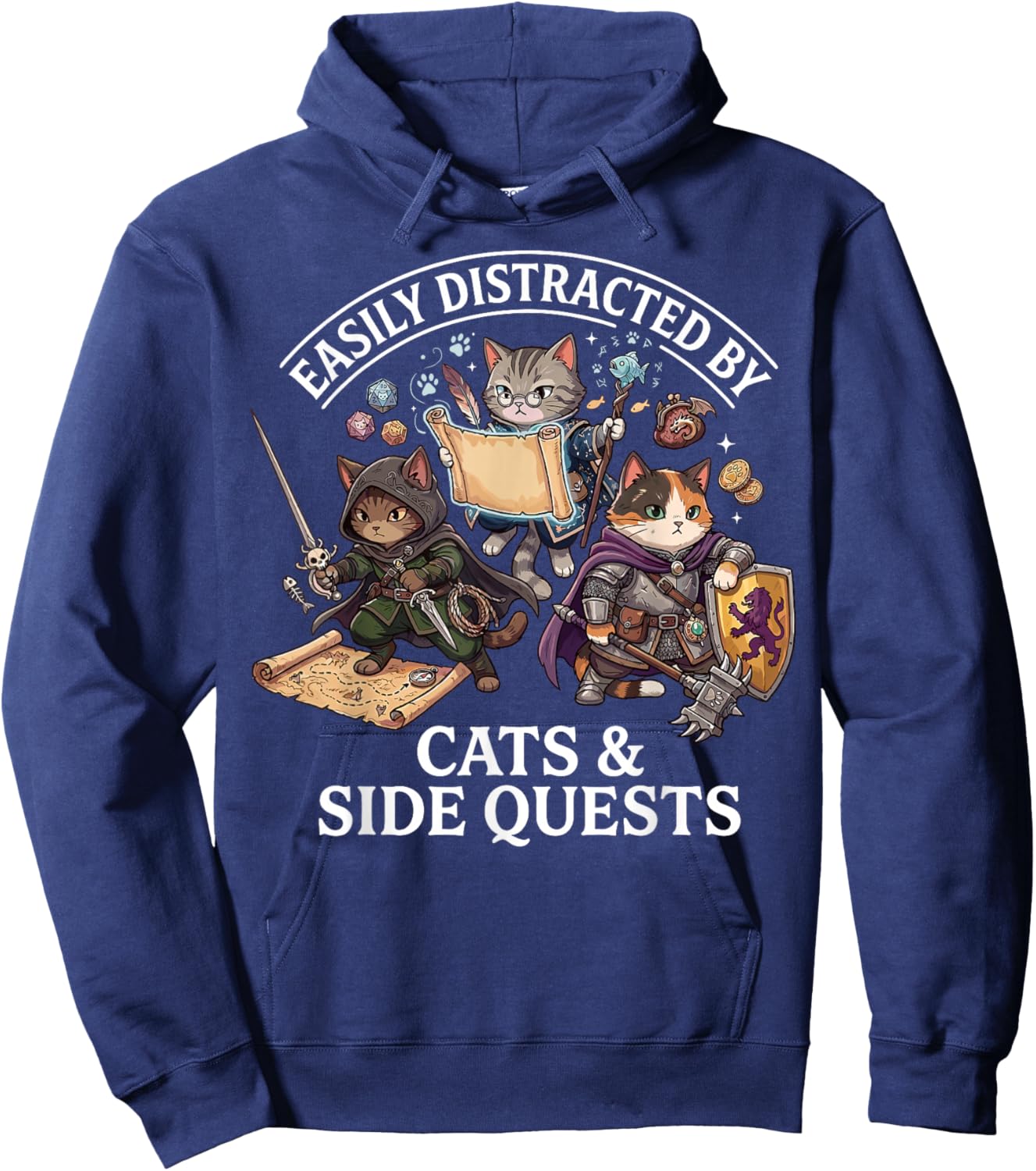 Easily Distracted by Cats Side Quests Funny Gamer RPG Hoodie - Hoodie | Navy