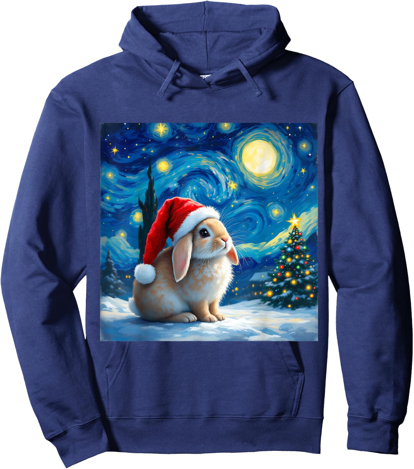 Christmas Rabbit Santa Hat Van Gogh Starry Night Holiday Hoodie - Hoodie | Navy