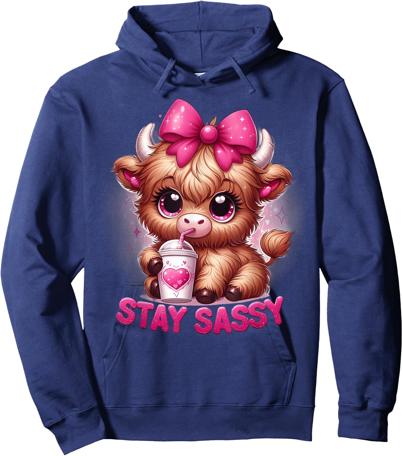 Baby Highland Cow Coffee Pink Bow Stay Sassy Girl Women's Cute Hoodie - Hoodie | Navy