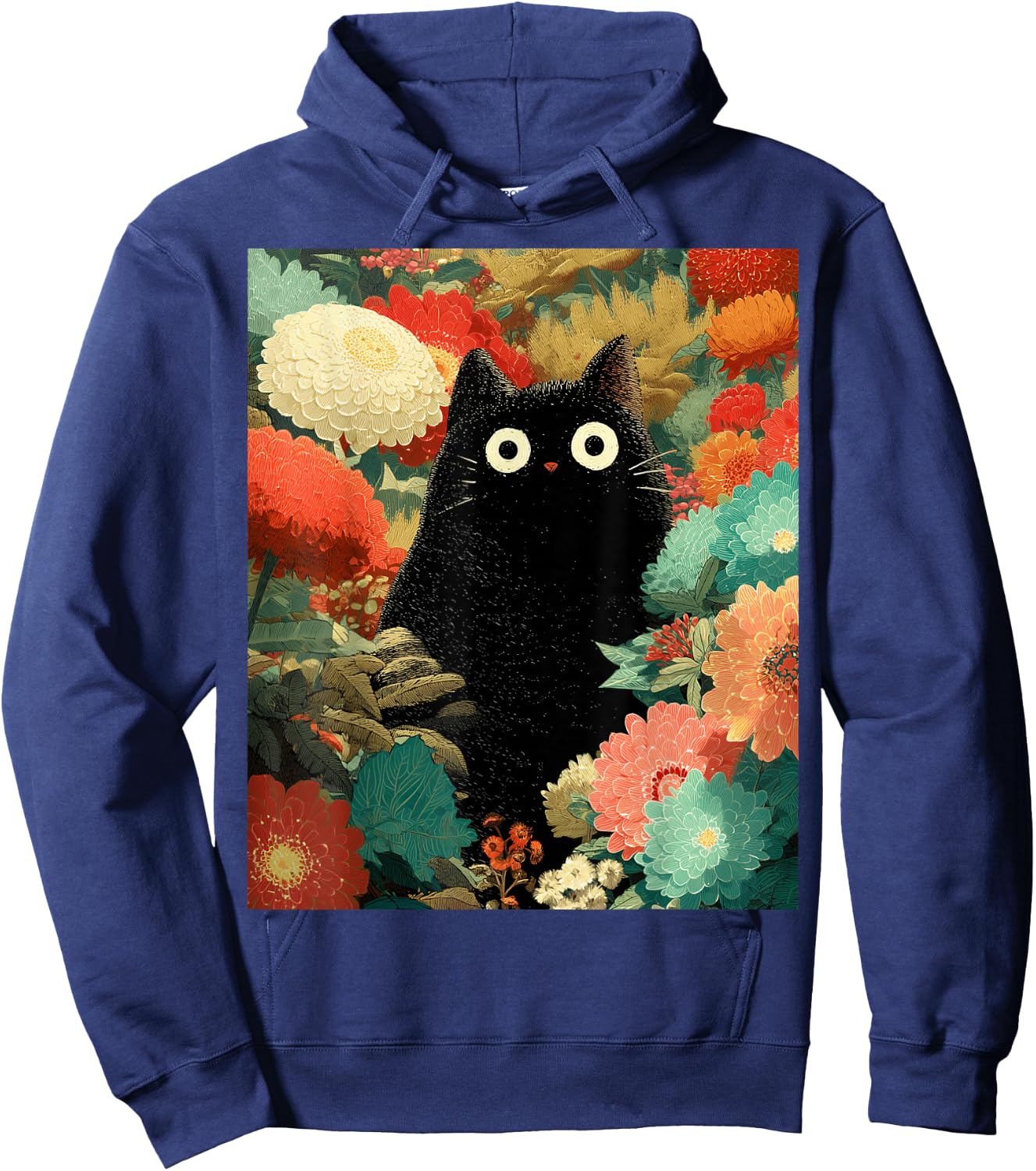 Japanische Schwarze Anime-Katze, Blumen, Sommer, Frühling, Herbst Hoodie - Hoodie | Navy