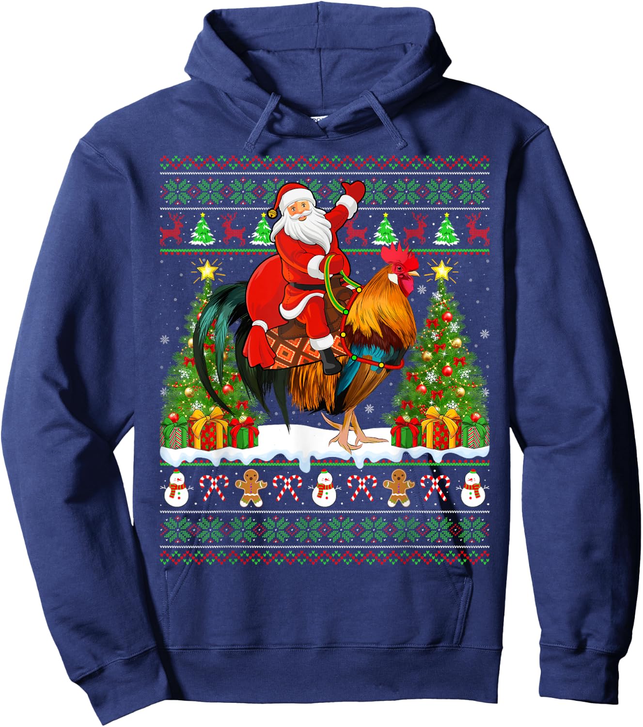 Rooster Bird Lover Funny Ugly Santa Riding Rooster Christmas Hoodie - Hoodie | Navy