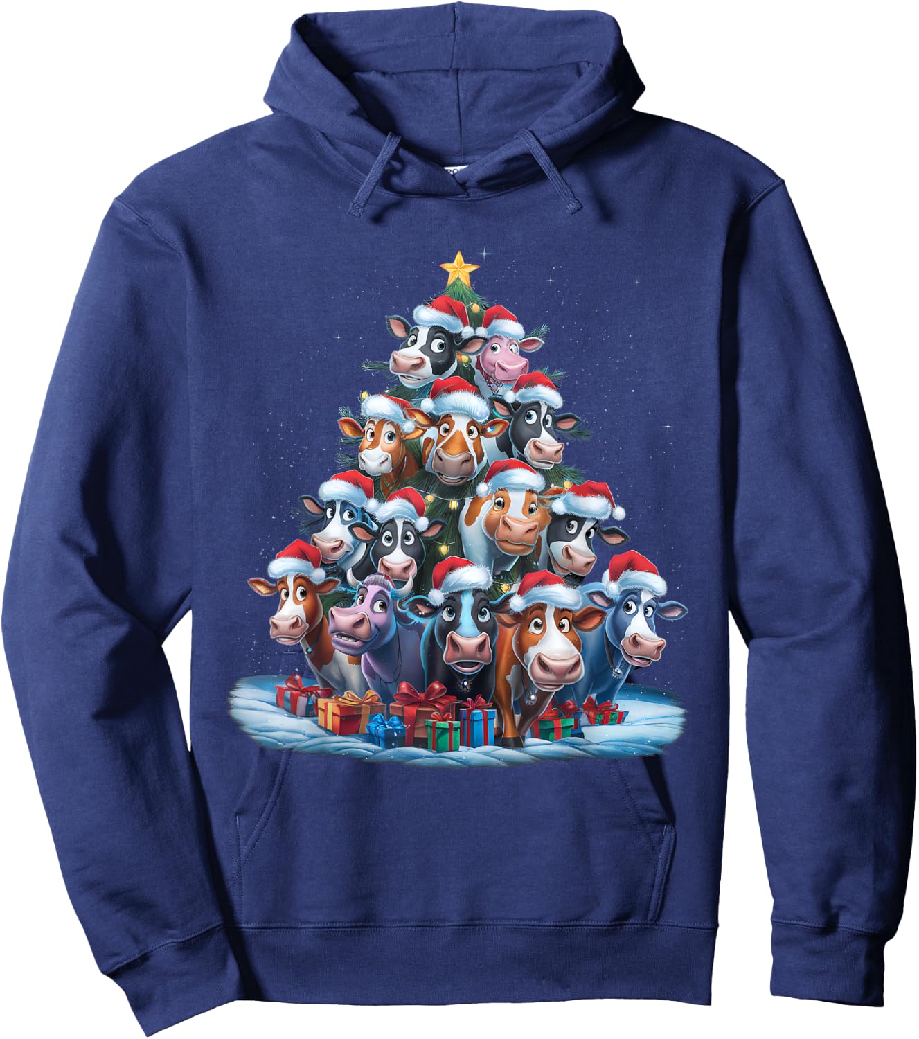 Cow Christmas Tree Lights Xmas Pajamas Pajama Santa Hat Cute Hoodie - Hoodie | Navy