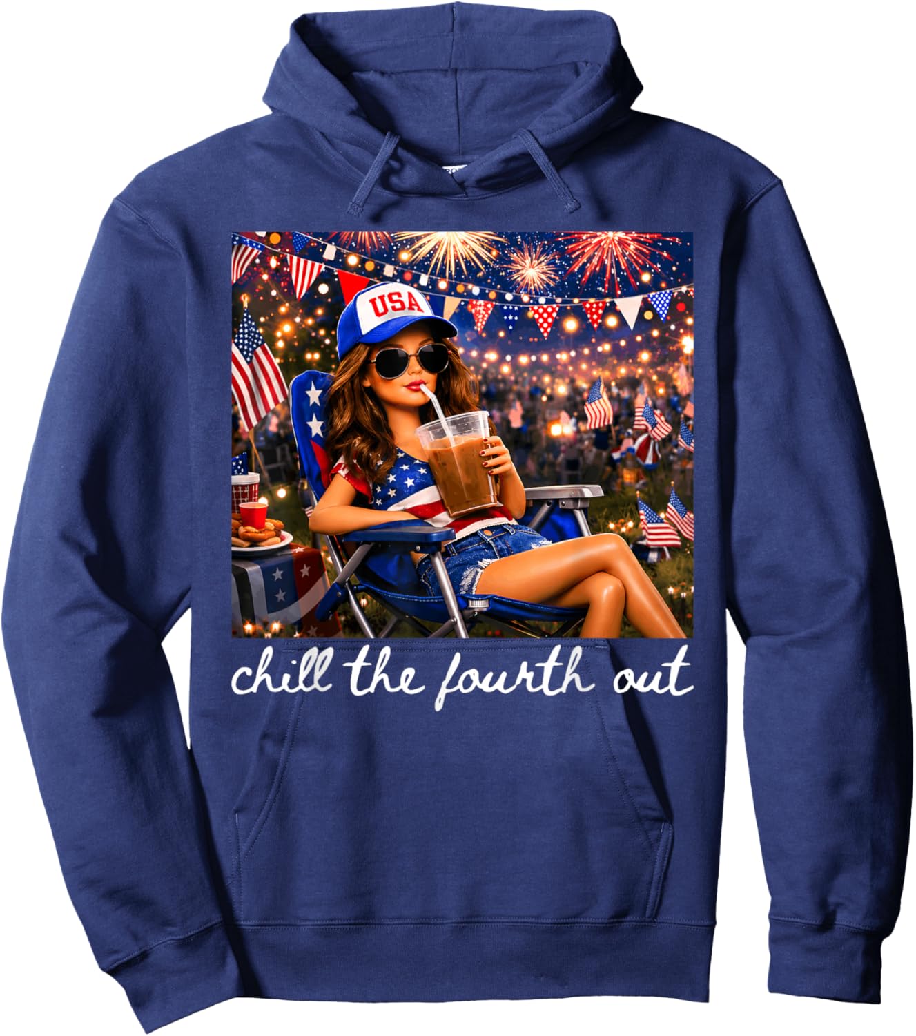 Chill The Fourth Out American Girl Fireworks 4th of July Hoodie - Hoodie | Navy