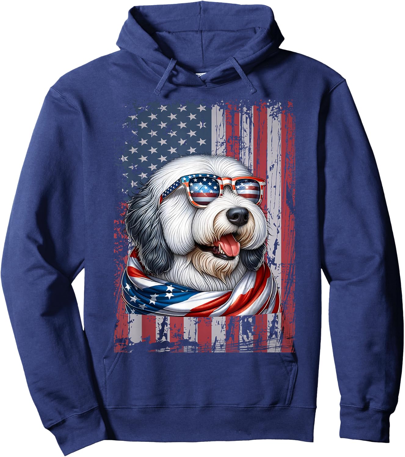 Old English Sheepdog Dog Lover US Flag 4th Of July Patriotic Hoodie - Hoodie | Navy