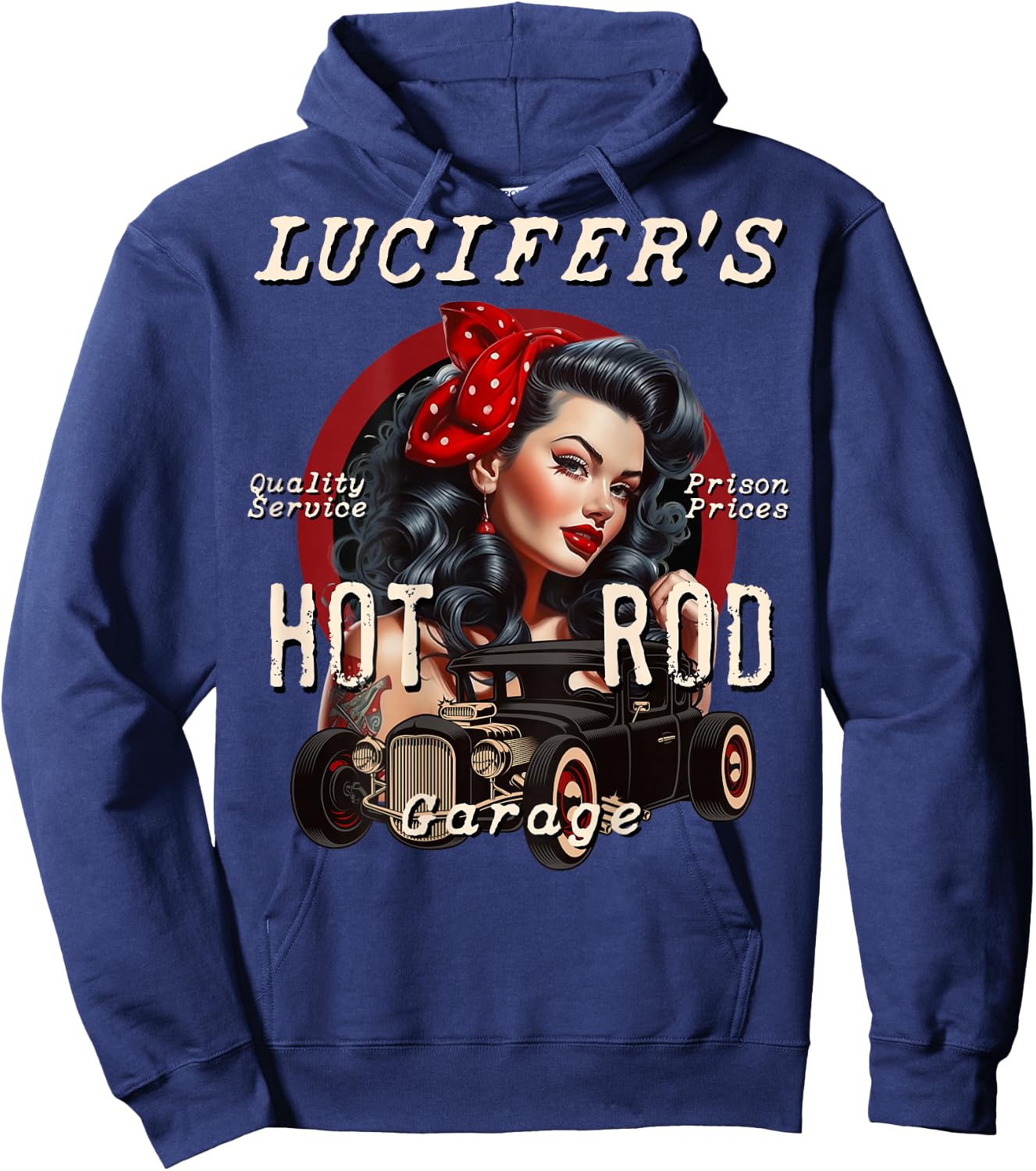 Lucifer's Super Hot Rod Pinup Girl Rockabilly Garage Retro , Black, S Hoodie - Hoodie | Navy