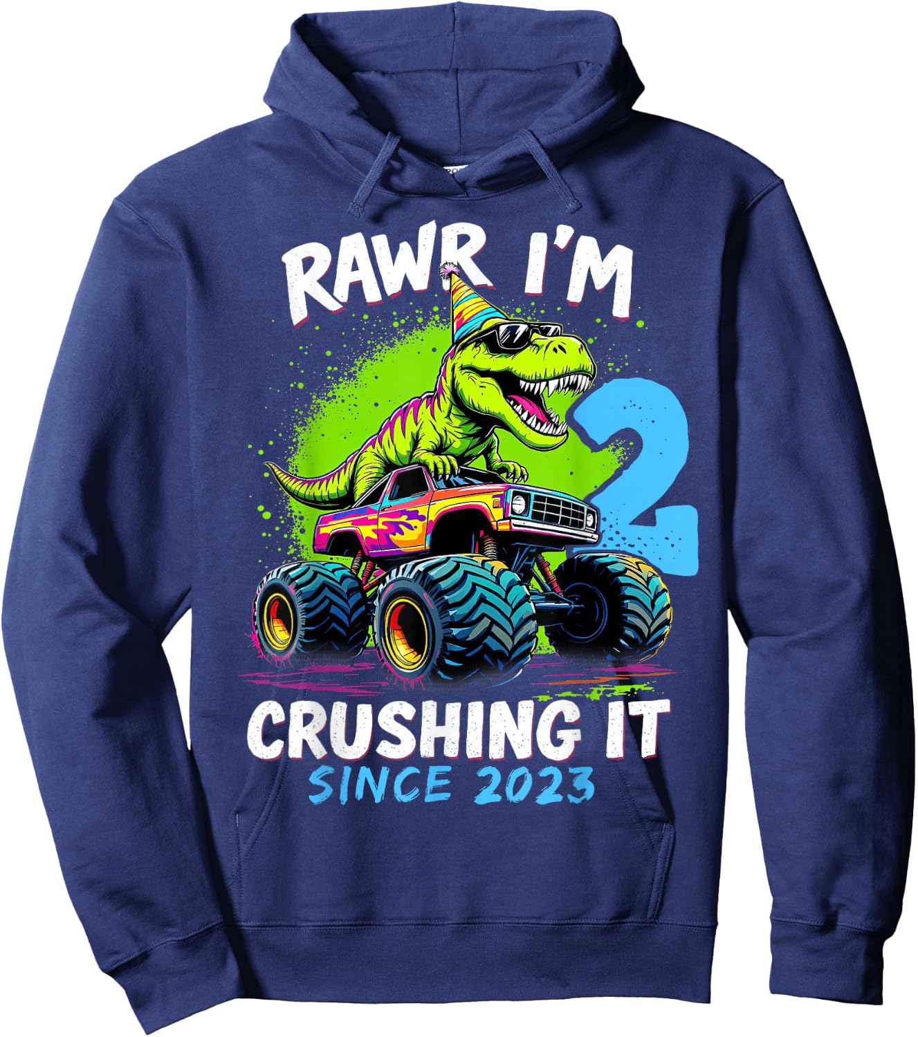 2nd Birthday Monster Truck Dinosaur Party Boys Rawr I'm 2 Hoodie - Hoodie | Navy