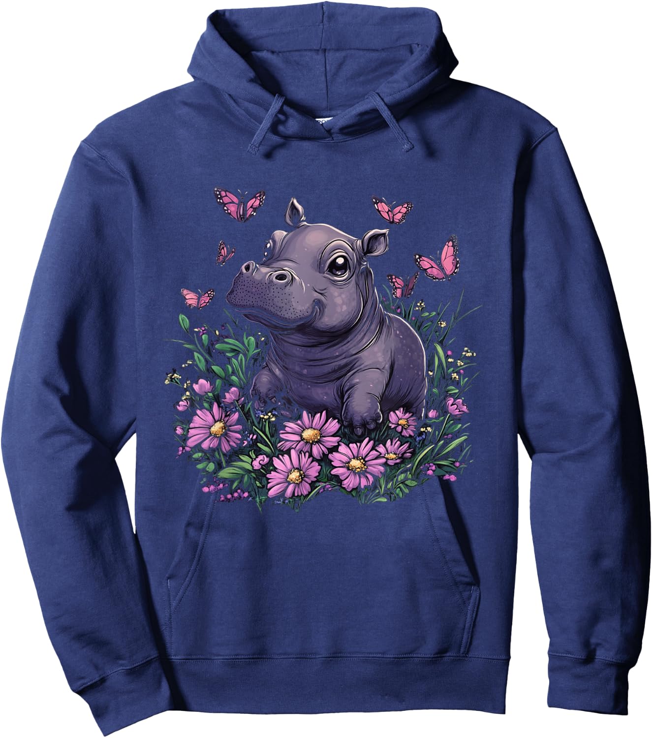Cute Baby Hippo Pygmy with Flowers Girls Hoodie - Hoodie | Navy