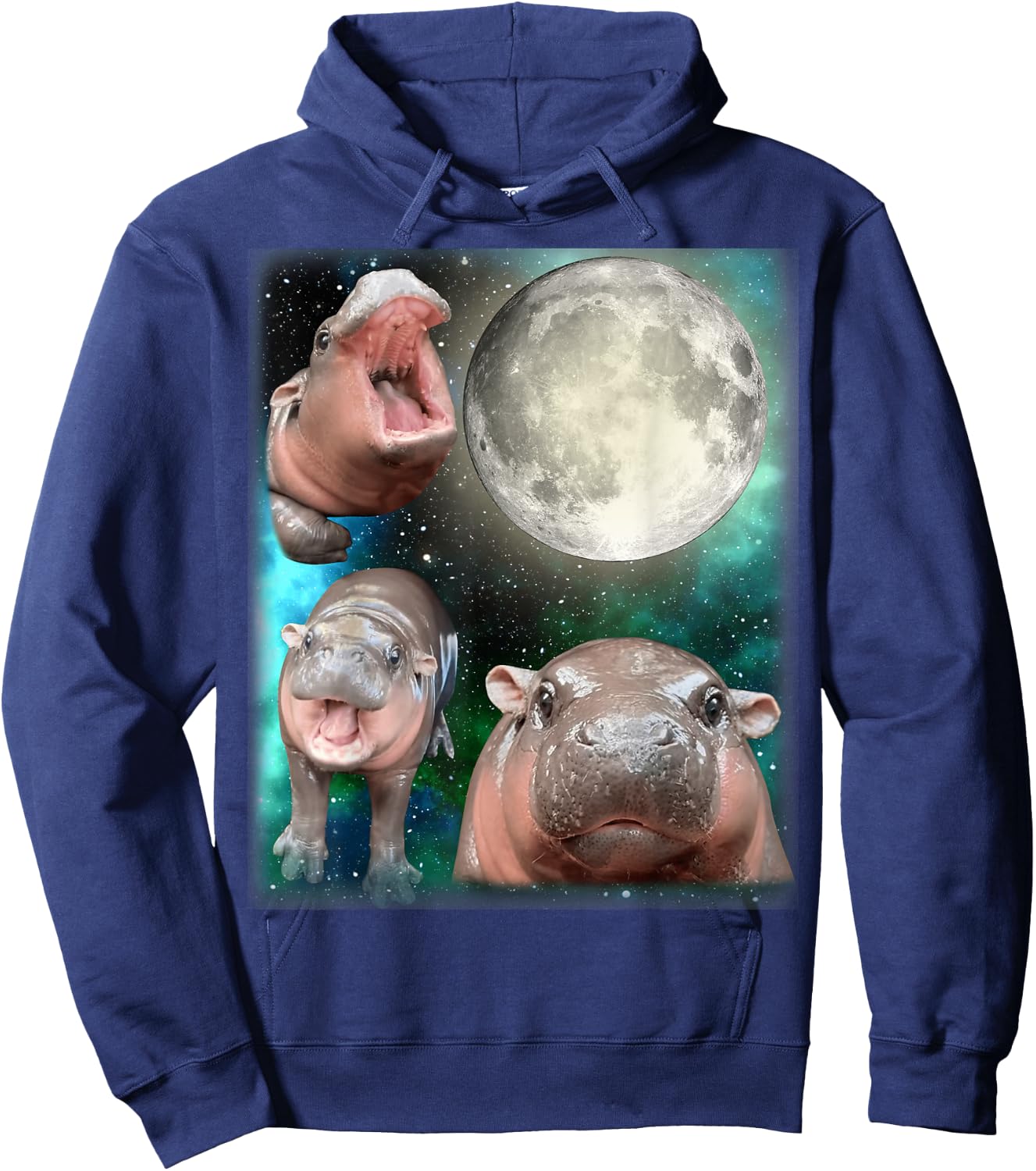 3 Hippo Moon Howling - 3 MOO-DENG Head Moon Howling Hoodie - Hoodie | Navy