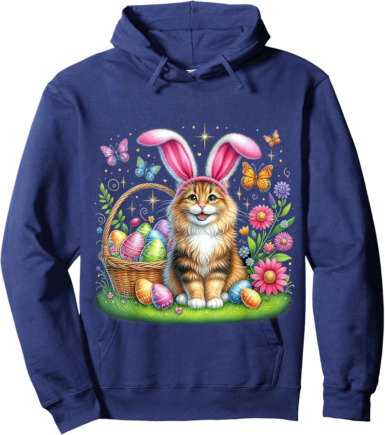 Happy Easter Cute Bunny Norwegian Forest Cat Easter Basket Women Girls Kids Hoodie - Hoodie | Navy