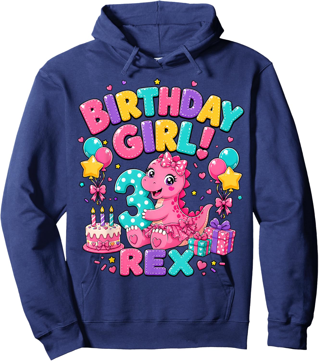 Rawr I'm 3 Three Rex Pink Dinosaur 3rd Birthday Girl Party Hoodie - Hoodie | Navy
