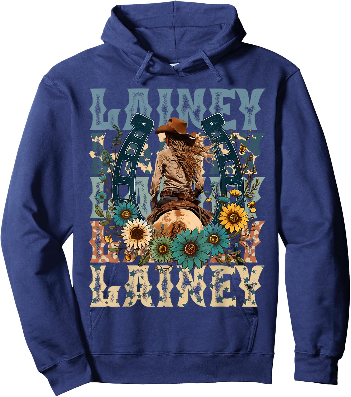 Cowgirl Lainey First Name Personalized Western - -Adults, Kids - Black - Small - Short Sleeve - - Animal Print Fabric Blend Hoodie - Hoodie | Navy