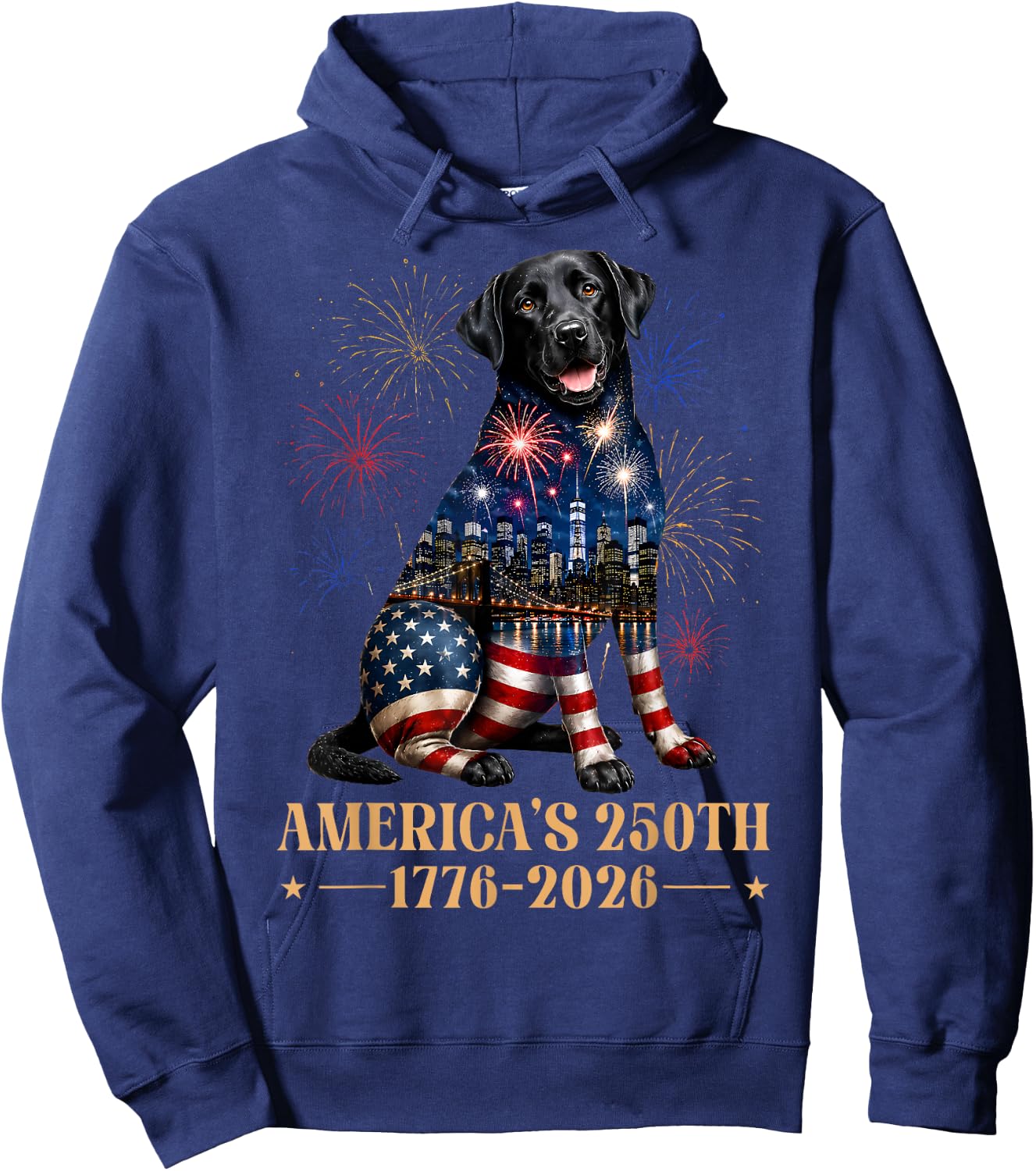 Fireworks 4th of July American Flag Patriotic Black Lab Dog Hoodie - Hoodie | Navy