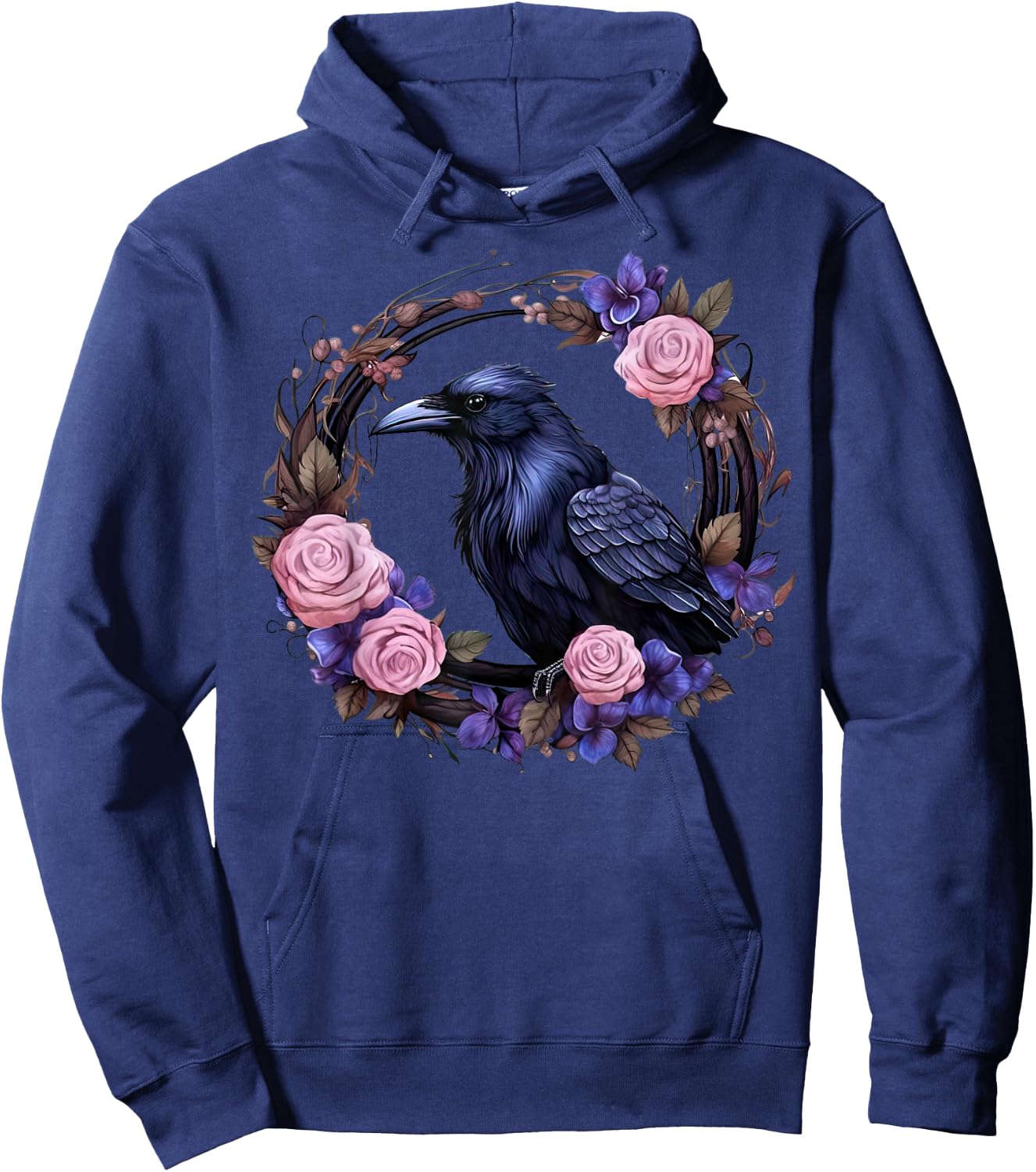 Gothic Raven Full Moon Pink Flowers Vintage Floral Crow Hoodie - Hoodie | Navy