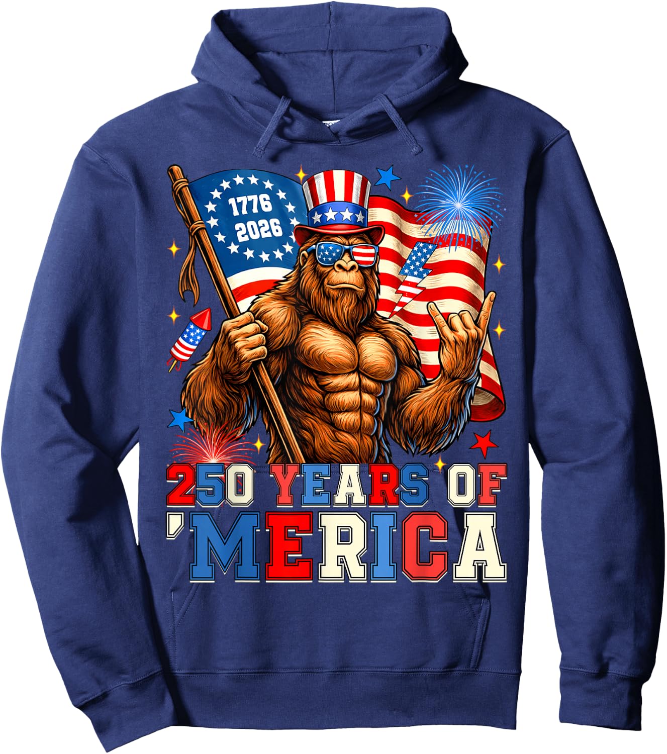Bigfoot Merica Rock 250 Years American 1776 2026 4th of July Hoodie - Hoodie | Navy