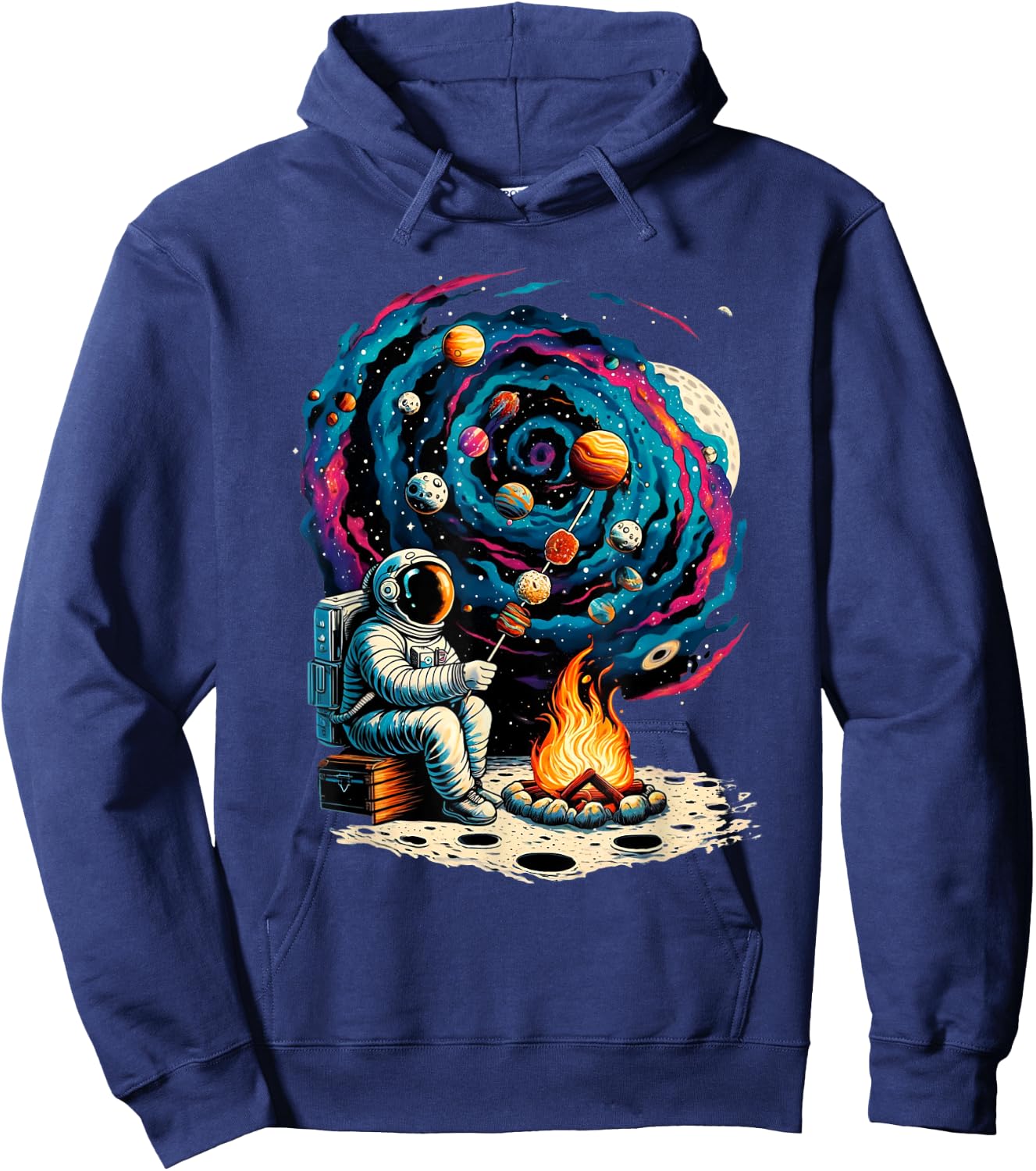 Interstellar Adventure Art & Apparel Funny Astronaut Roasting Marshmallows Camping with Planets , Small, Black Hoodie - Hoodie | Navy