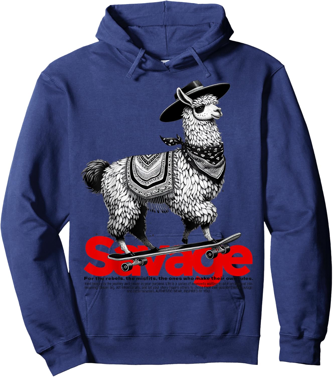 Llama Cowboy on Skateboard Alpaca Savage Meme Vintage Funny Hoodie - Hoodie | Navy