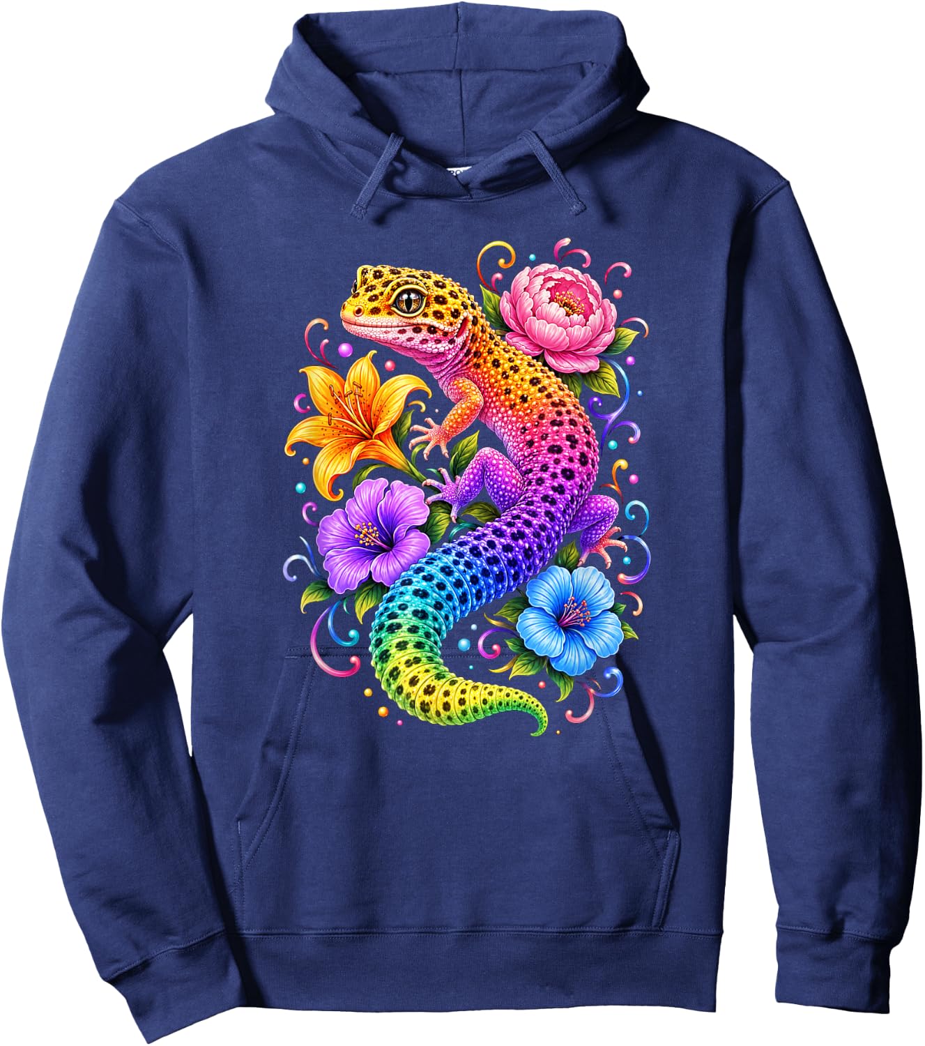 Colorful Cute Leopard Gecko Flowers Rainbow Women Girls Kids Hoodie - Hoodie | Navy