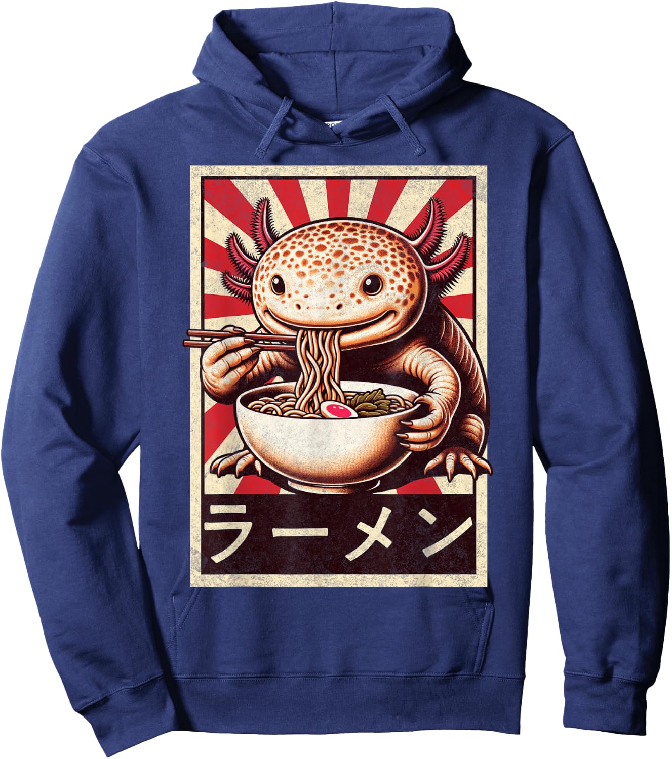 Funny Vintage Axolotl Eating Ramen. Anime Axolotl Ramen Hoodie - Hoodie | Navy