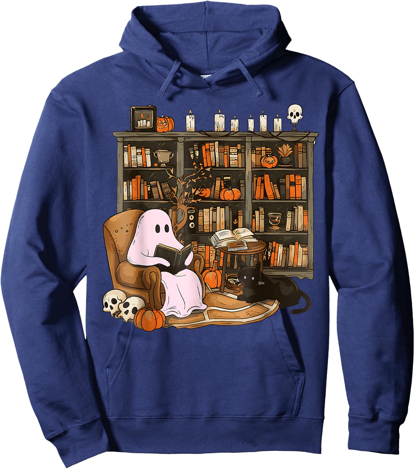 Vintage Ghost Book Reading Pumpkin Gothic Halloween Teachers Hoodie - Hoodie | Navy