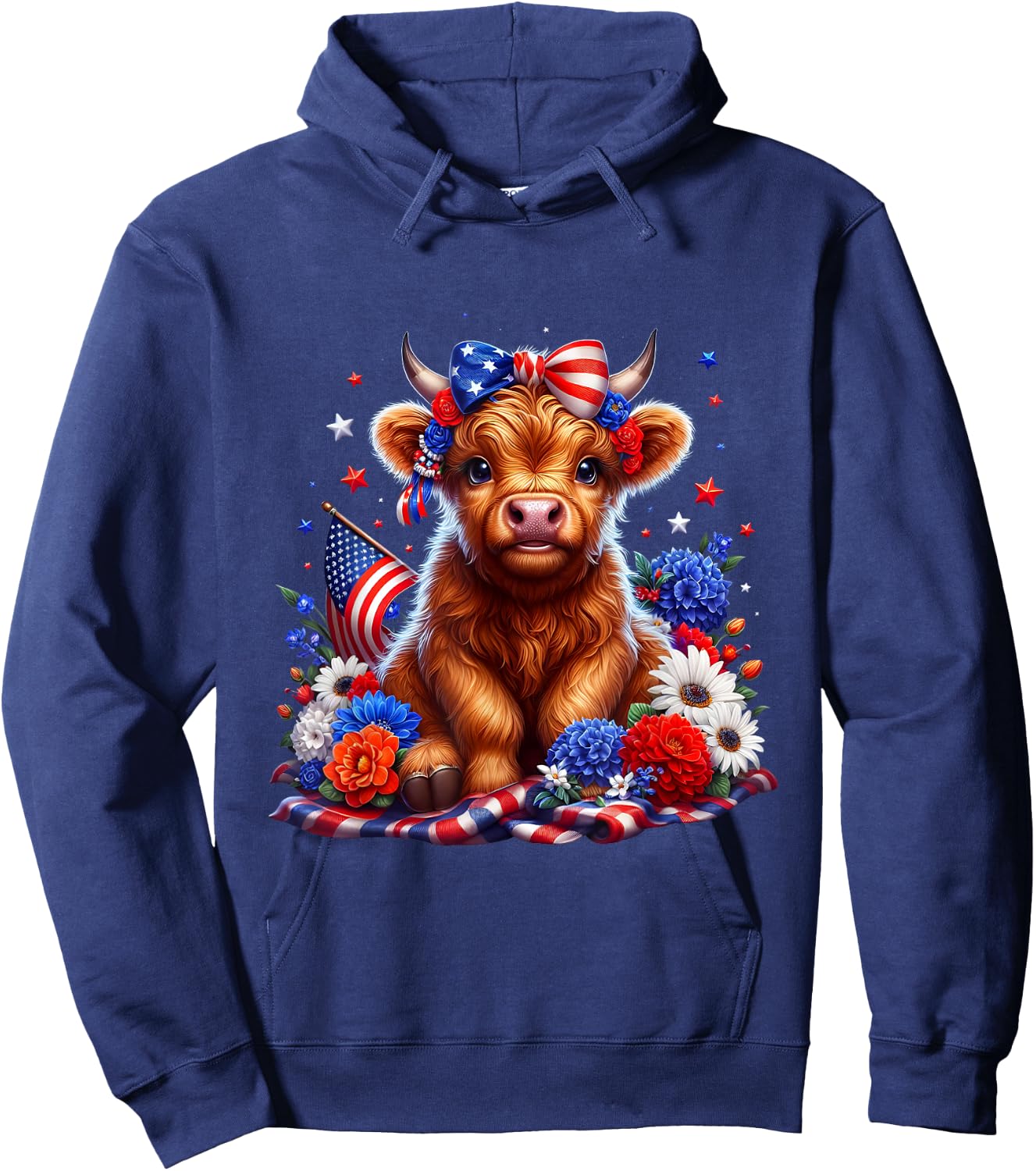 Floral Animal Vibes Patriotic Highland Cow USA 4th of July Hoodie - Hoodie | Navy