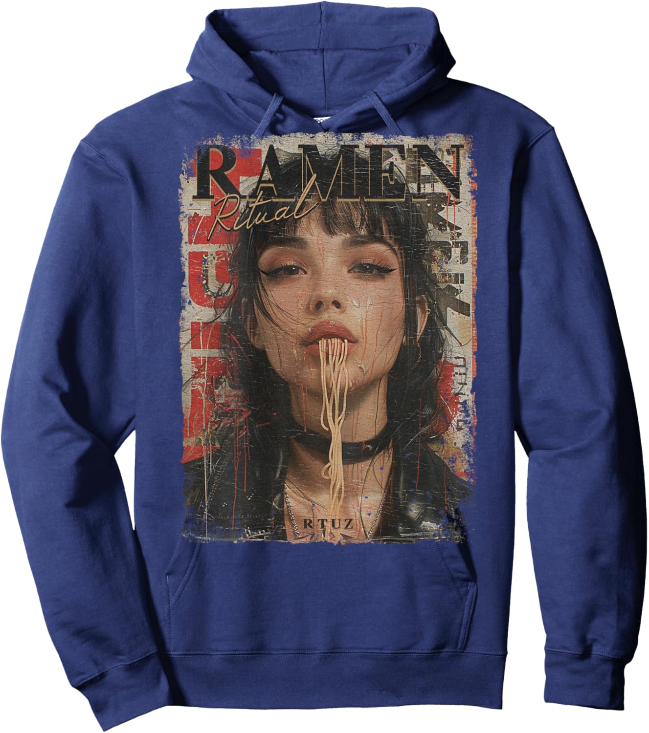 Backprint Pin-up Girl Ramen Noodle Anime Manga Asian Ramen , black Hoodie - Hoodie | Navy