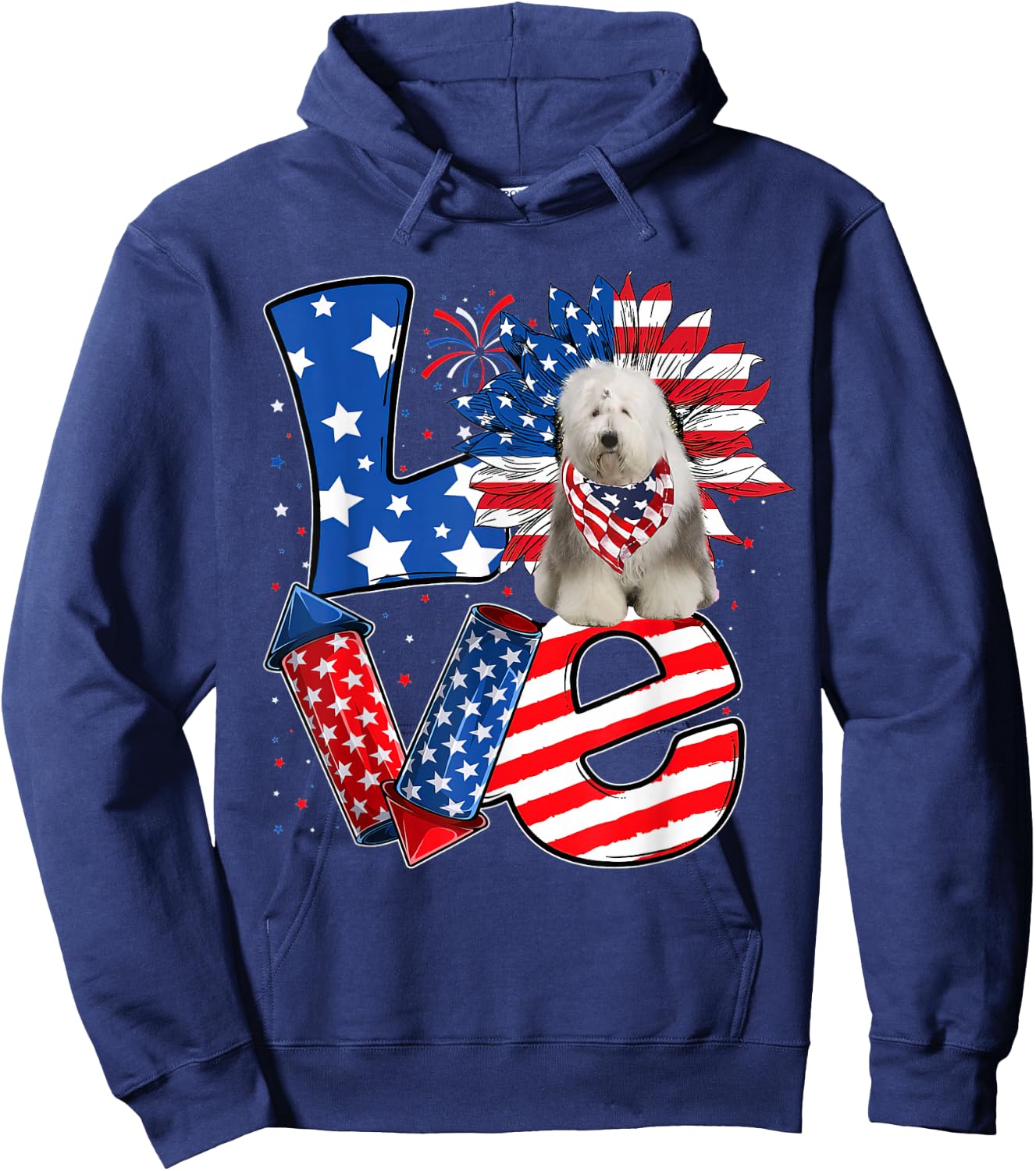 4th of July Decor Patriotic LOVE Old English Sheepdog Dog Hoodie - Hoodie | Navy