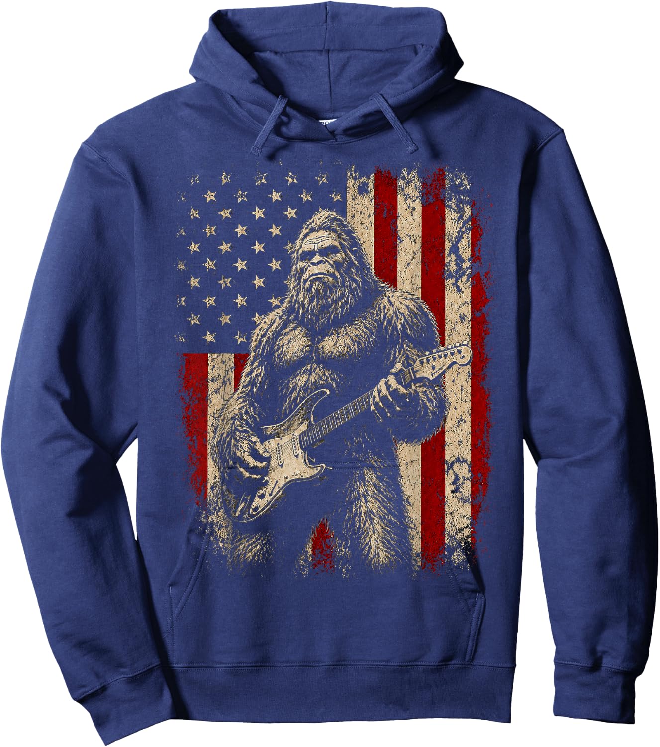 Bigfoot Sasquatch Playing Guitar 4th July American USA Flag Hoodie - Hoodie | Navy