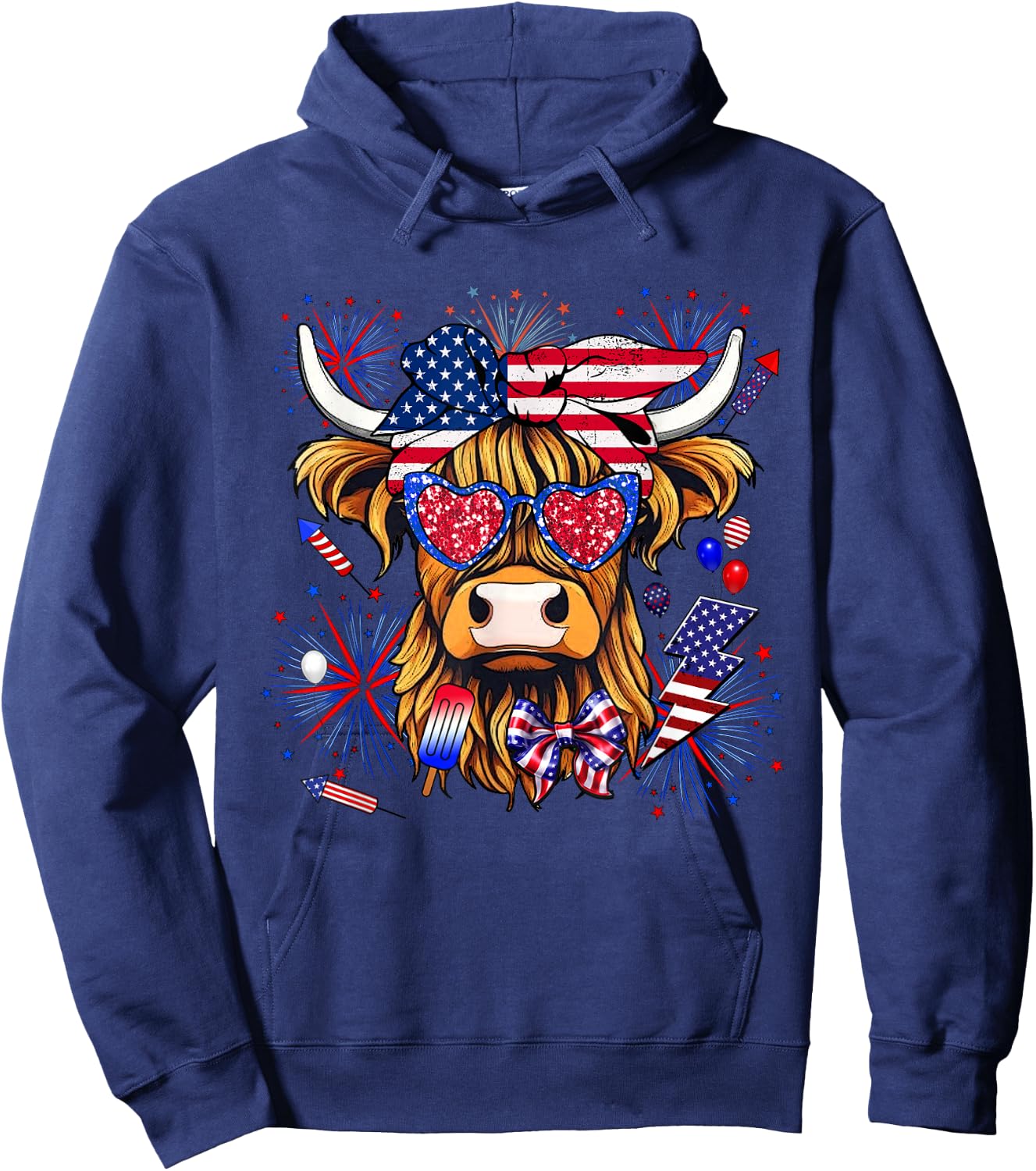 Cow, Scottish Highland Cow, Highland Cow, 4th of July Hoodie - Hoodie | Navy