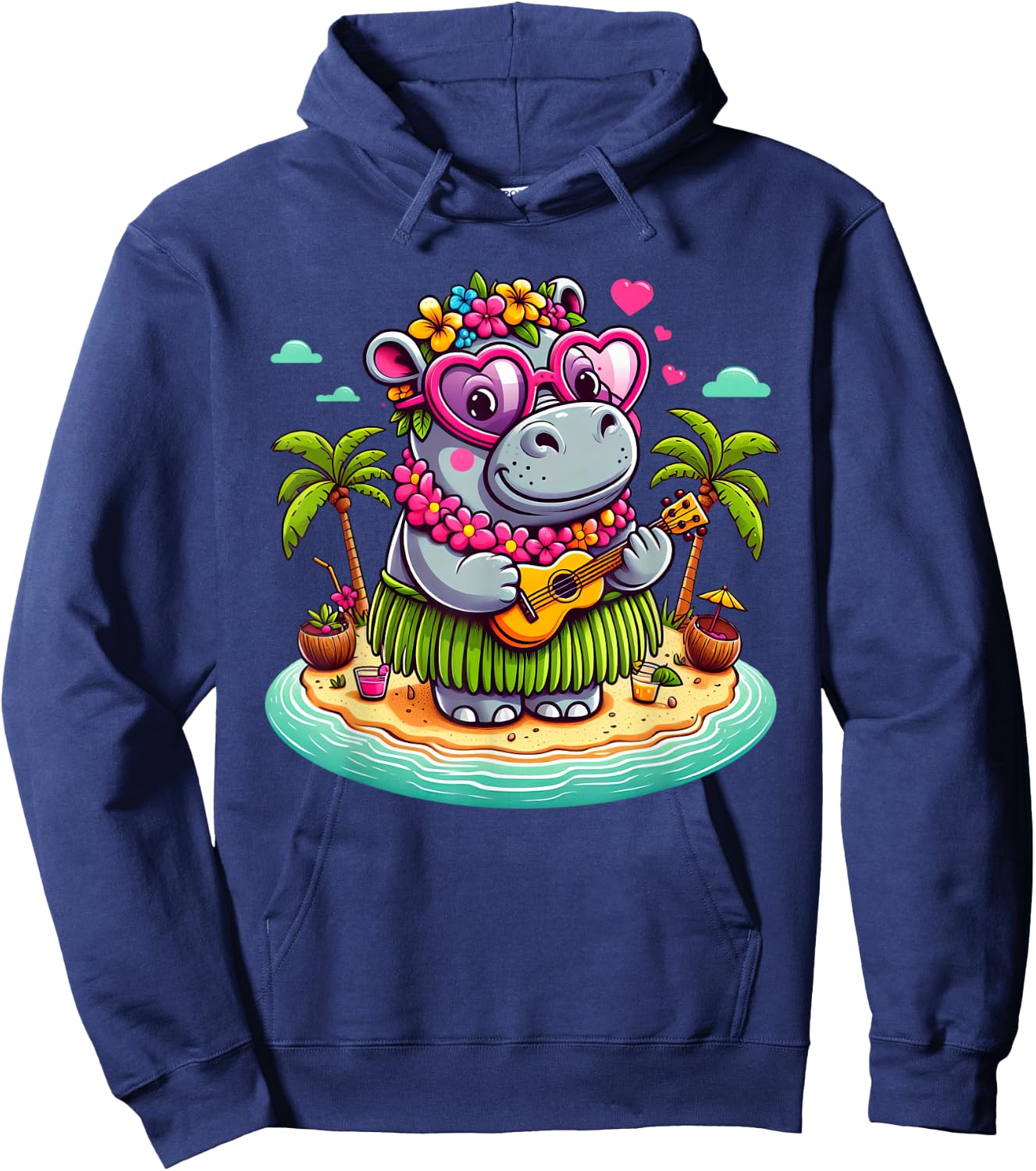 Funny Hippo Hawaiian Costume Kids Summer Vacation Hippo Hoodie - Hoodie | Navy