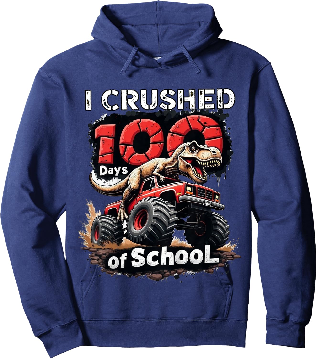 Kids I Crushed 100 Days of School Dinosaur Monster Truck Boy Hoodie - Hoodie | Navy