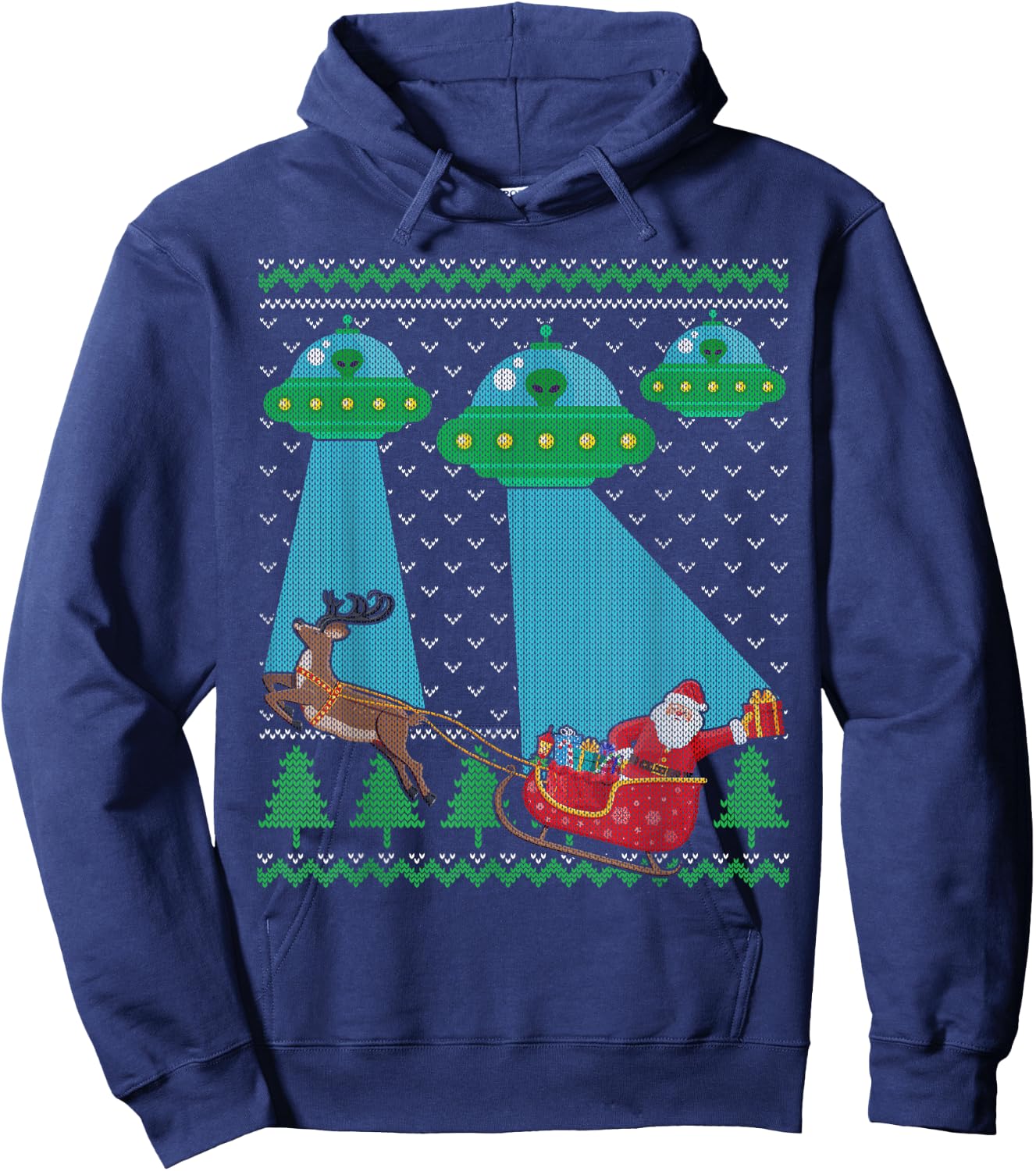 Funny Alien UFO Santa Sleigh Ugly Christmas Sweater Xmas PJS Hoodie - Hoodie | Navy