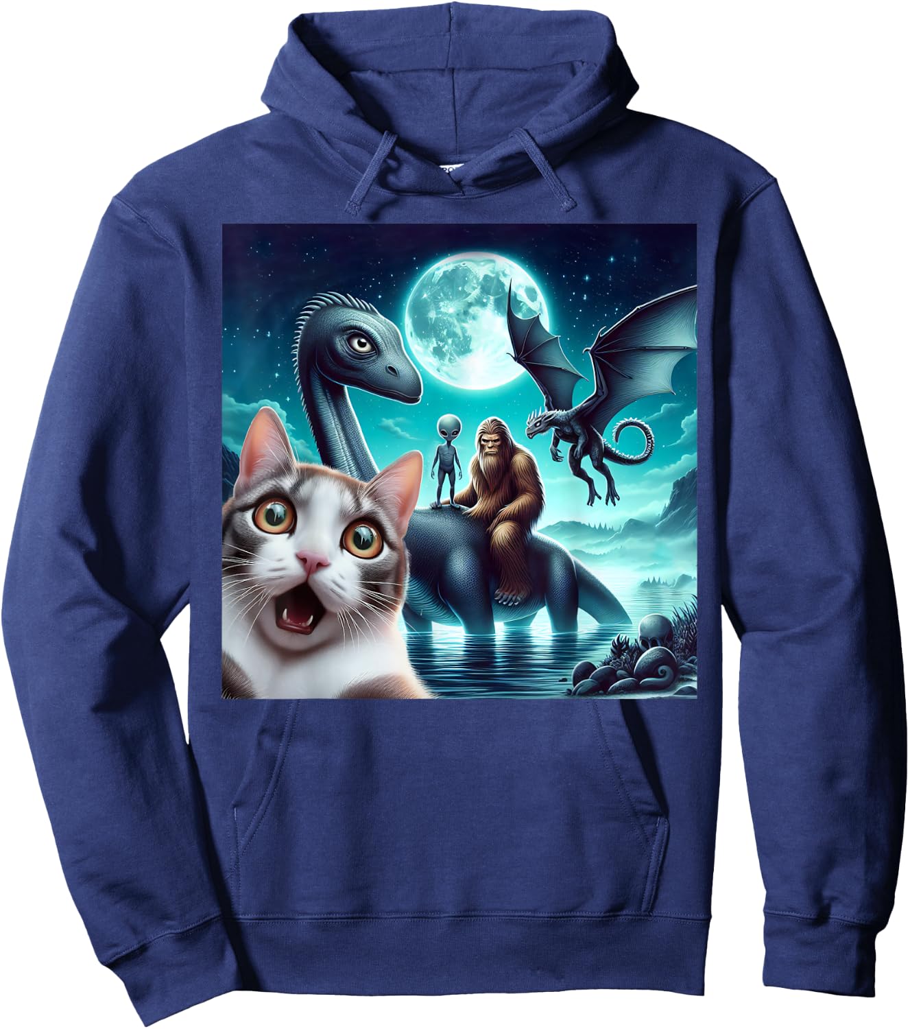 Cat Selfie with bigfoot alien UFO loch Ness monster dragon Hoodie - Hoodie | Navy