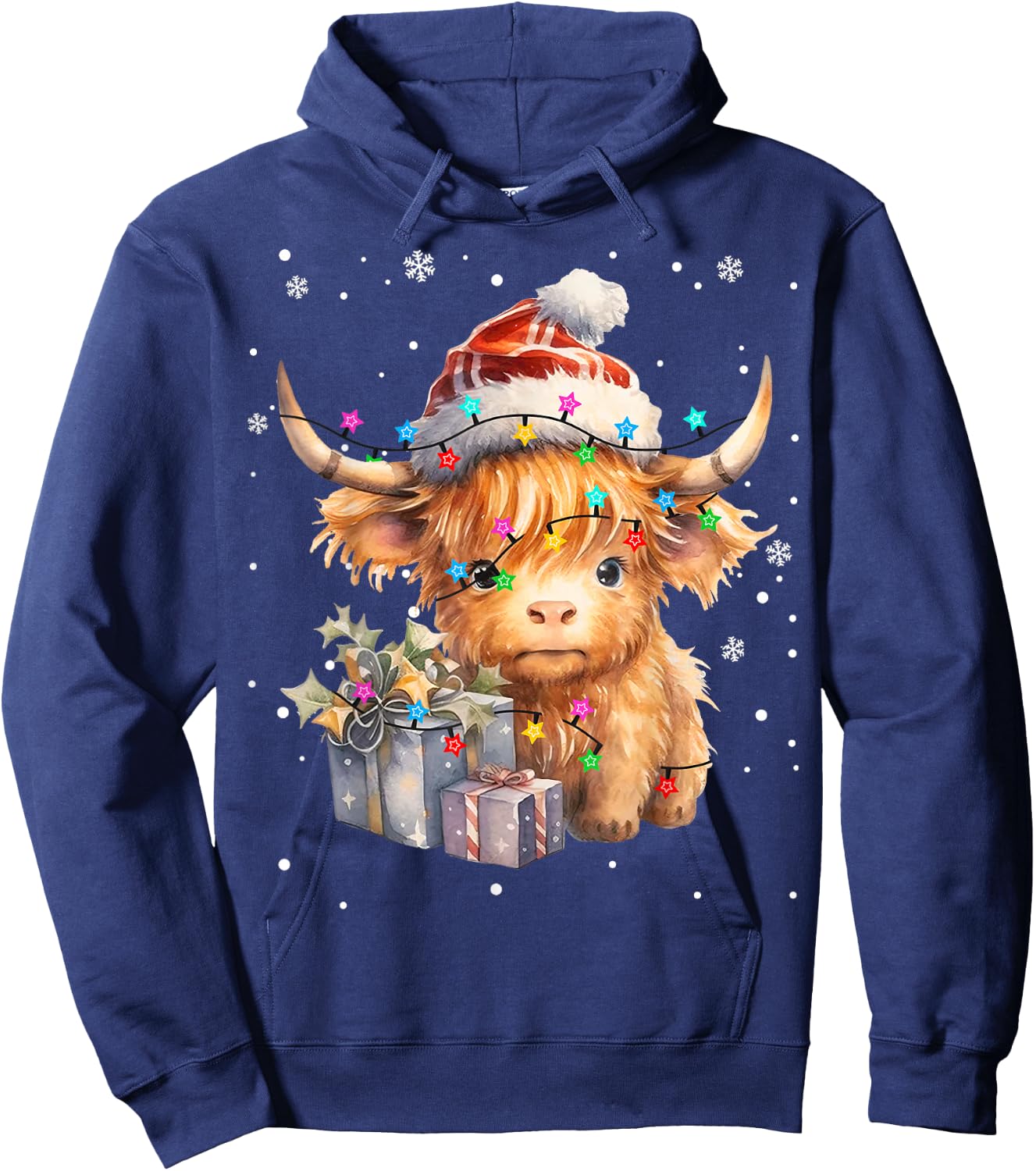 Cute Highland Cow Christmas Lights Merry Xmas Cows Farmer PJ Hoodie - Hoodie | Navy
