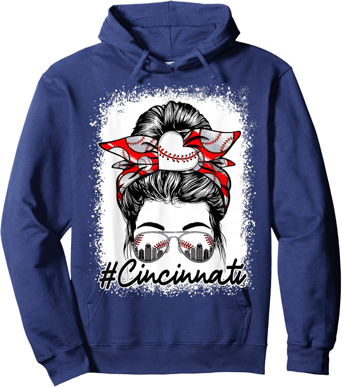 Messy Bun Women Baseball Lover Graphic Funny Cincinnati Hoodie - Hoodie | Navy