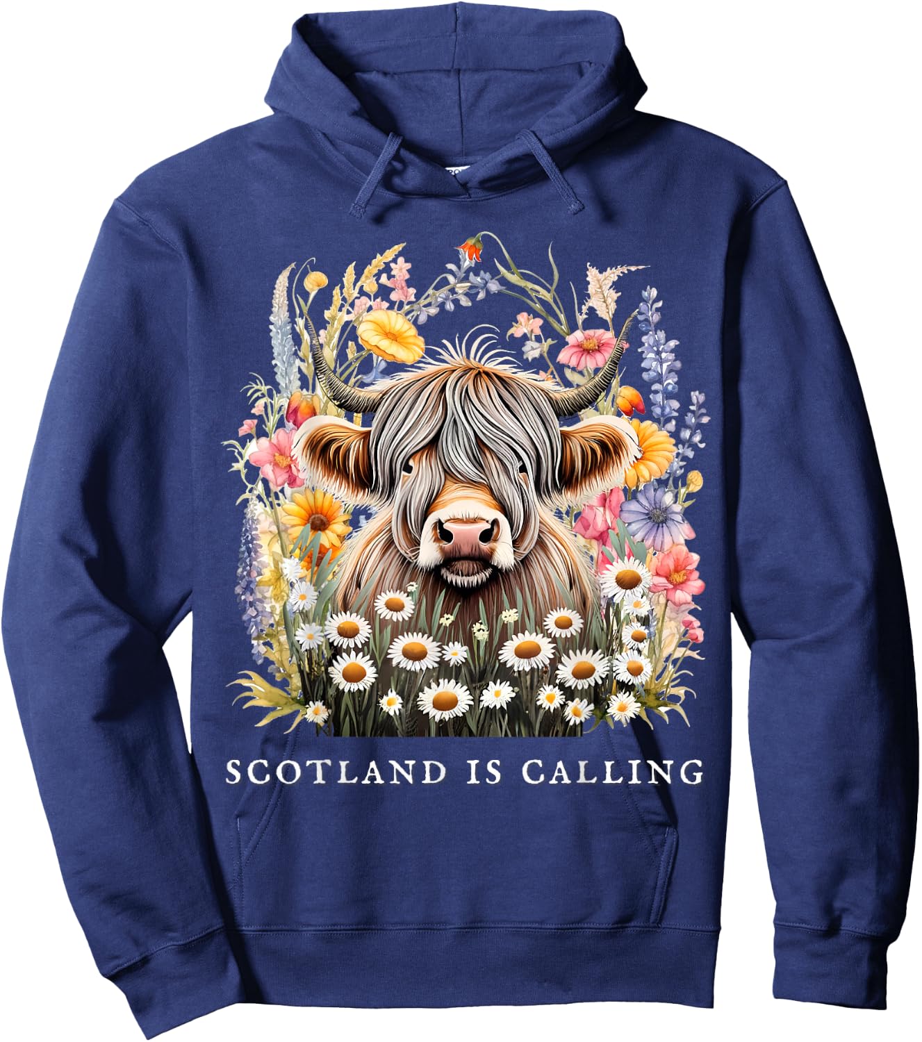 Scotland Is Calling Highland Cow flowers Scottish Vacation Hoodie - Hoodie | Navy