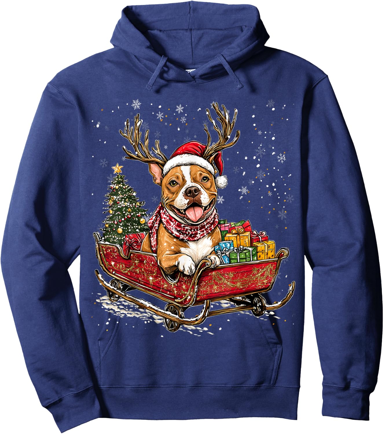 Santa Pitbull reindeer Light Christmas Hoodie - Hoodie | Navy