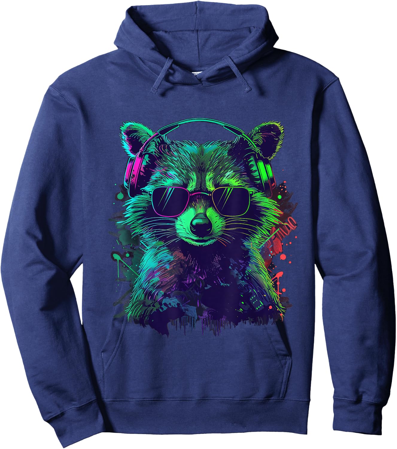 green racoon DJ With Headphones And Sunglasses raccoons Hoodie - Hoodie | Navy
