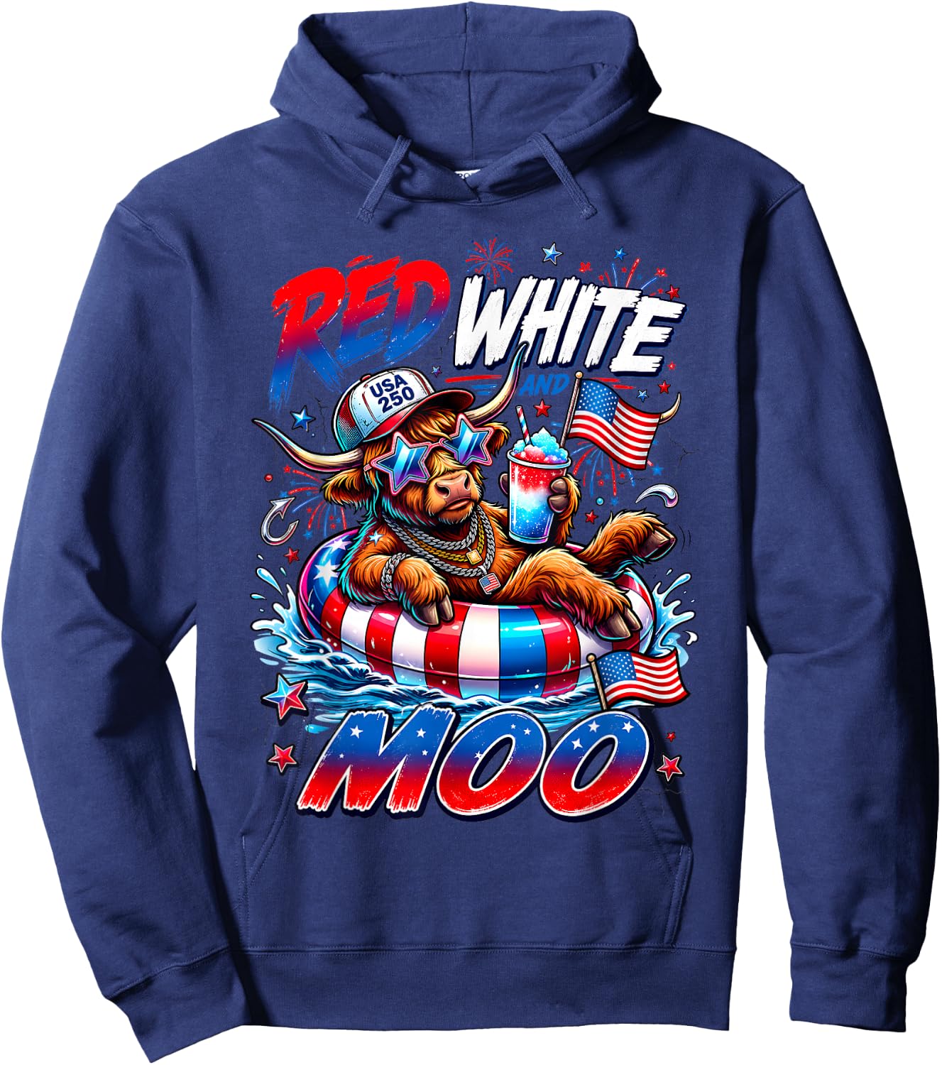 Red White and Moo Highland Cow 4th July 250 Years Patriotic Hoodie - Hoodie | Navy