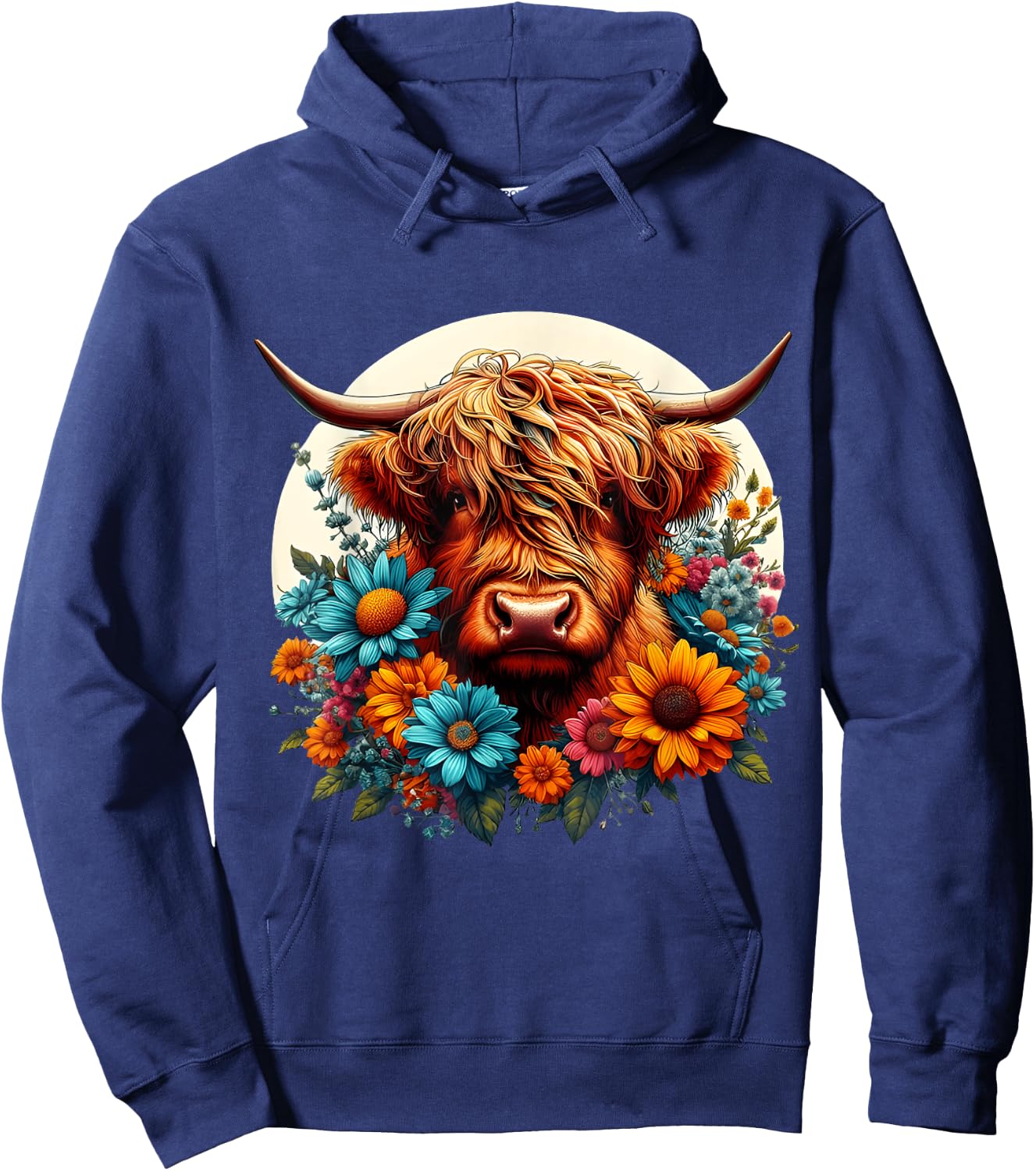 Scottish Cute Highland Cow Cattle Hairy Cow Flowers Colorful Hoodie - Hoodie | Navy