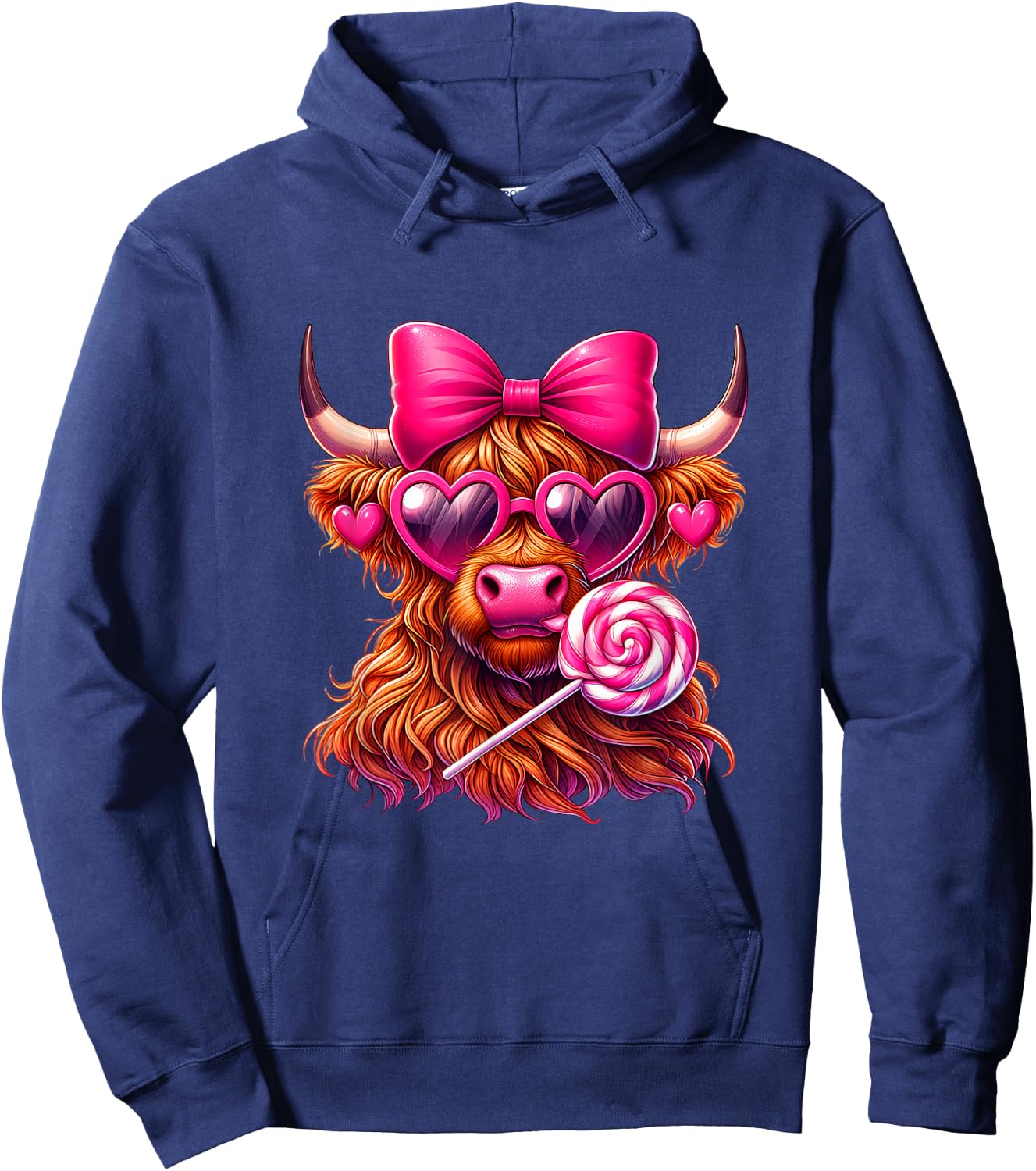 Valentines Highland Cow coquette bow Heart Glasses Lollipop Hoodie - Hoodie | Navy